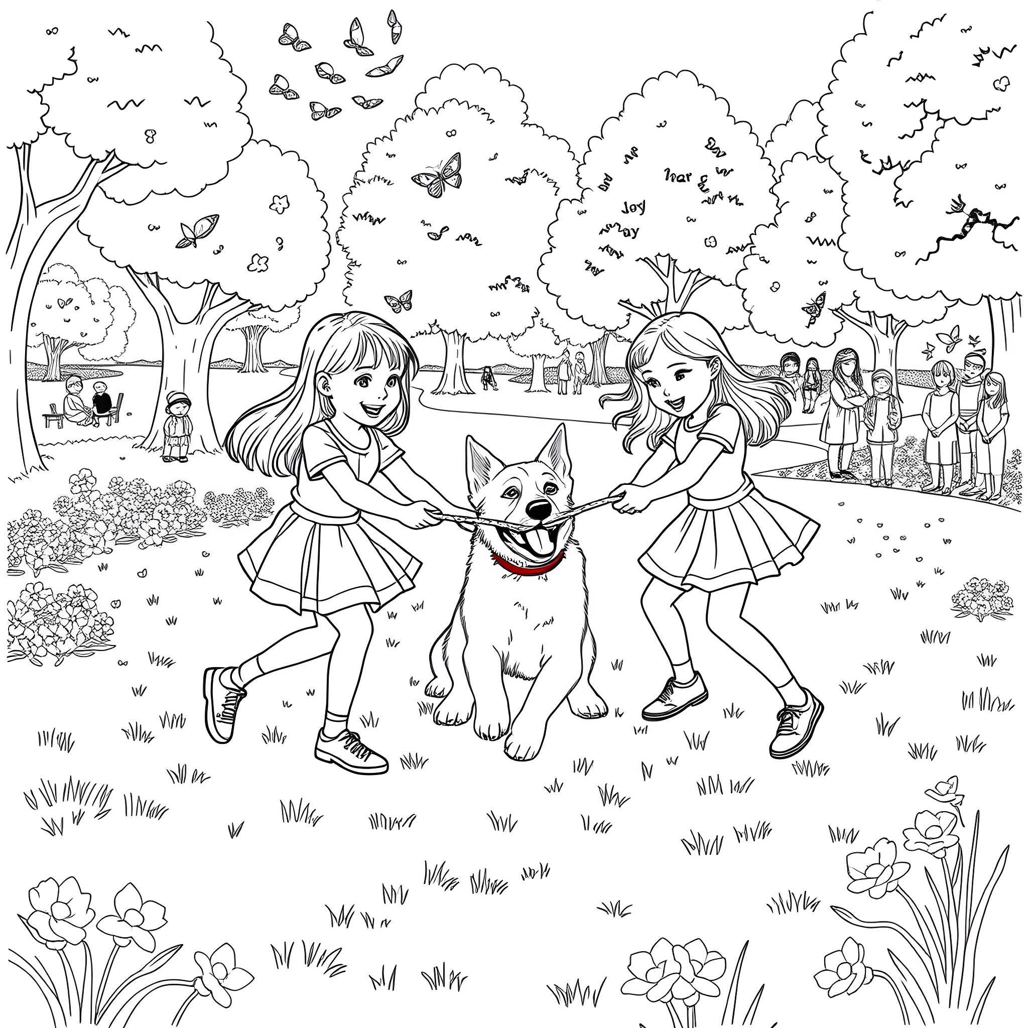 Girls playing with a dog in a park Coloring Page (free black-and-white line drawing printable PDF for all, from beginners to advanced learners, including children, teens, adults, and seniors)