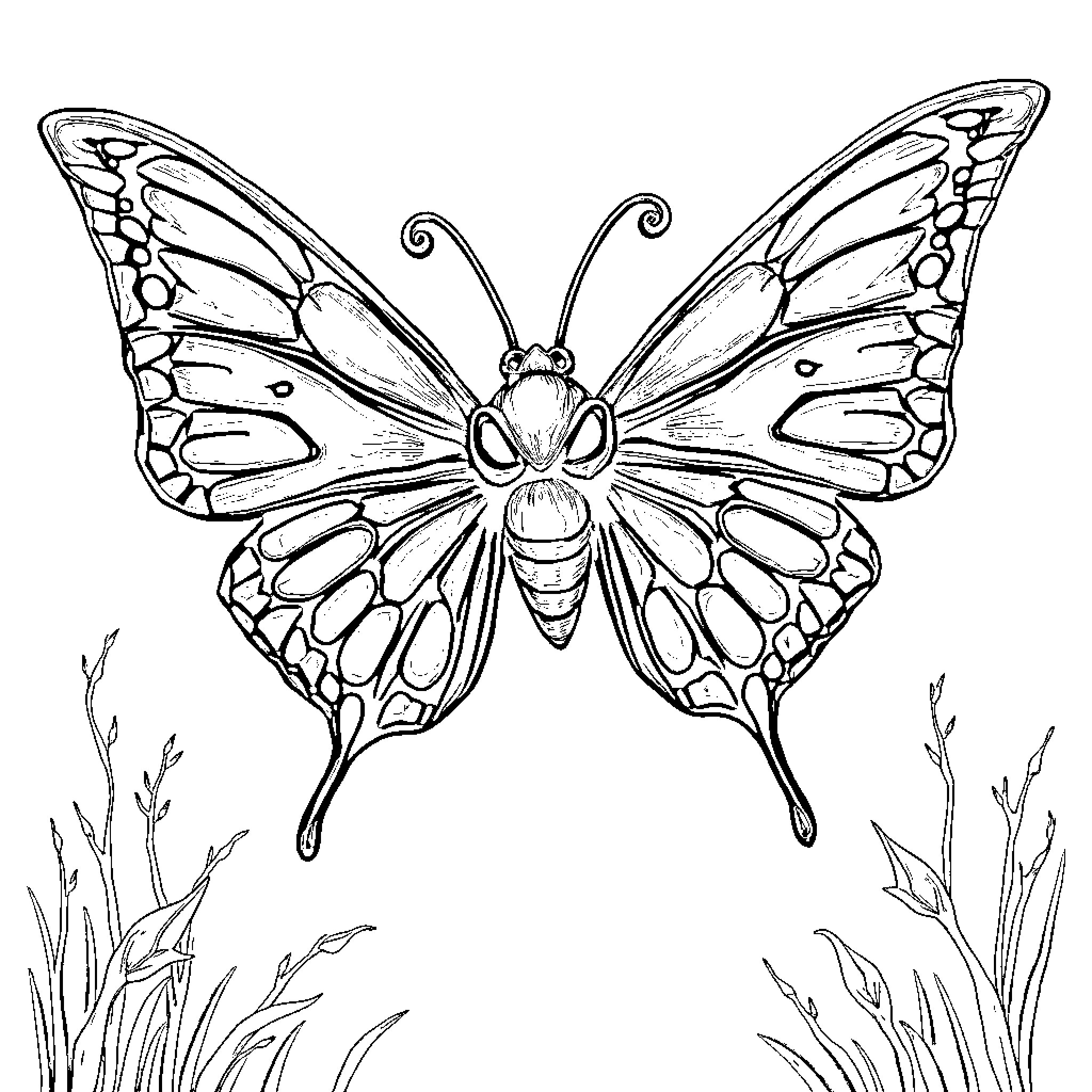 Butterfly with Detailed Wings in Nature Coloring Page (free black-and-white line drawing printable PDF for all, from beginners to advanced learners, including children, teens, adults, and seniors)