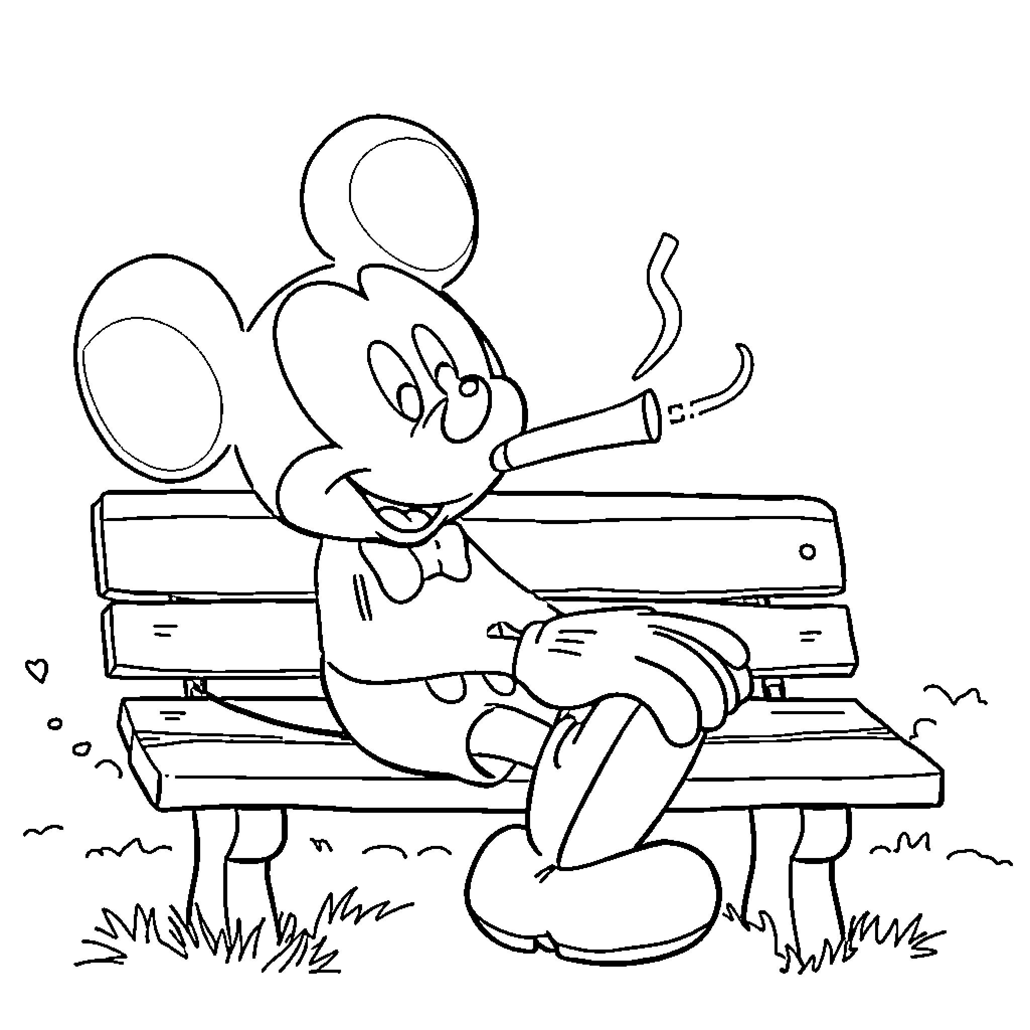 Mickey Mouse relaxing on a park bench Coloring Page (free black-and-white line drawing printable PDF for all, from beginners to advanced learners, including children, teens, adults, and seniors)