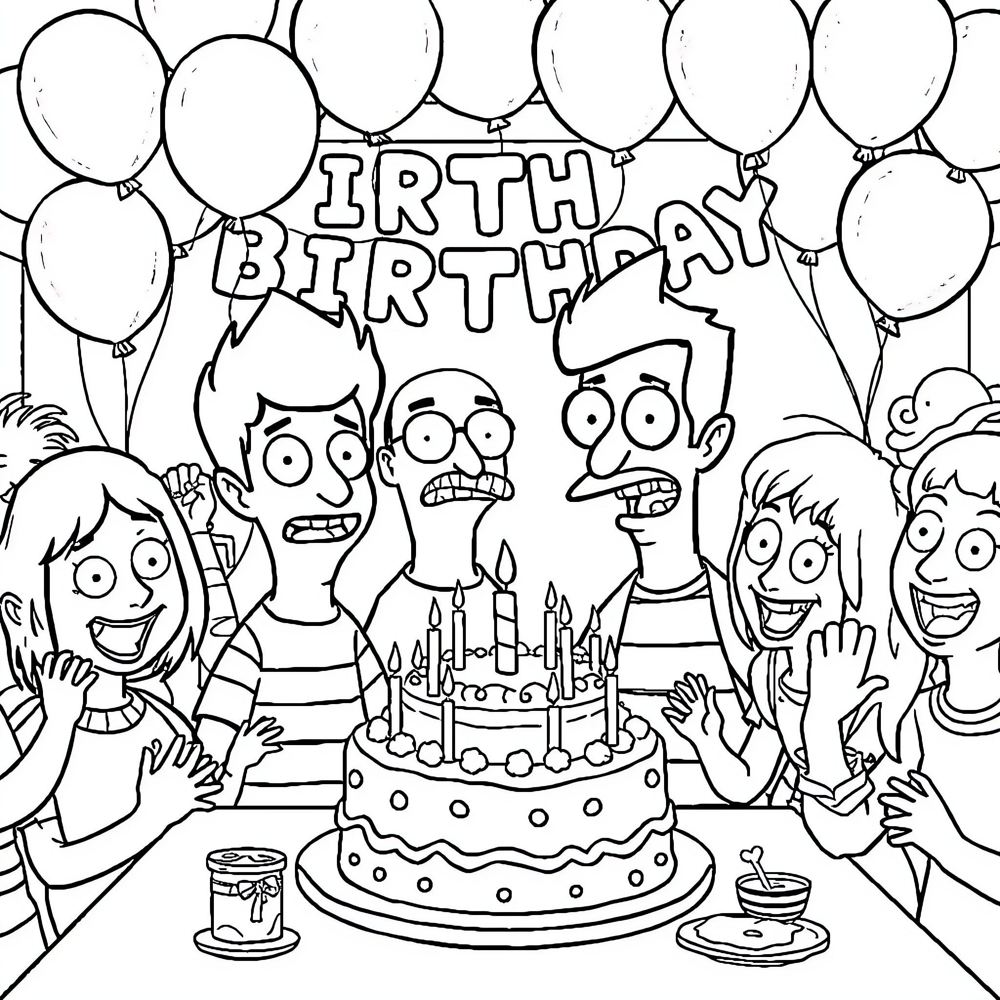 Bob's Burgers: Family Celebrating a Birthday Party Coloring Page (free black-and-white line drawing printable PDF for all, from beginners to advanced learners, including children, teens, adults, and seniors)