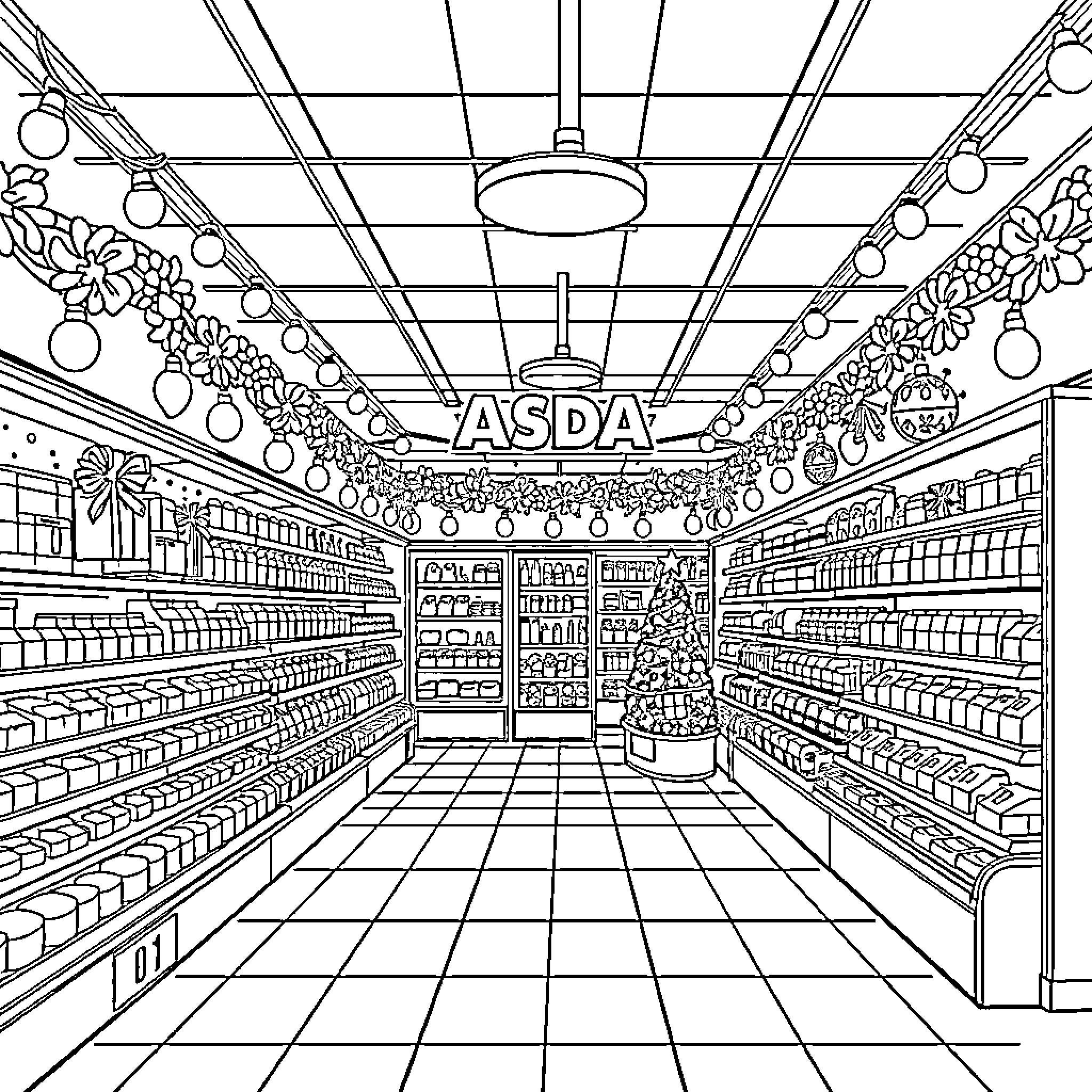 Supermarket interior with bright lighting and decorated shelves Coloring Page (free black-and-white line drawing printable PDF for all, from beginners to advanced learners, including children, teens, adults, and seniors)
