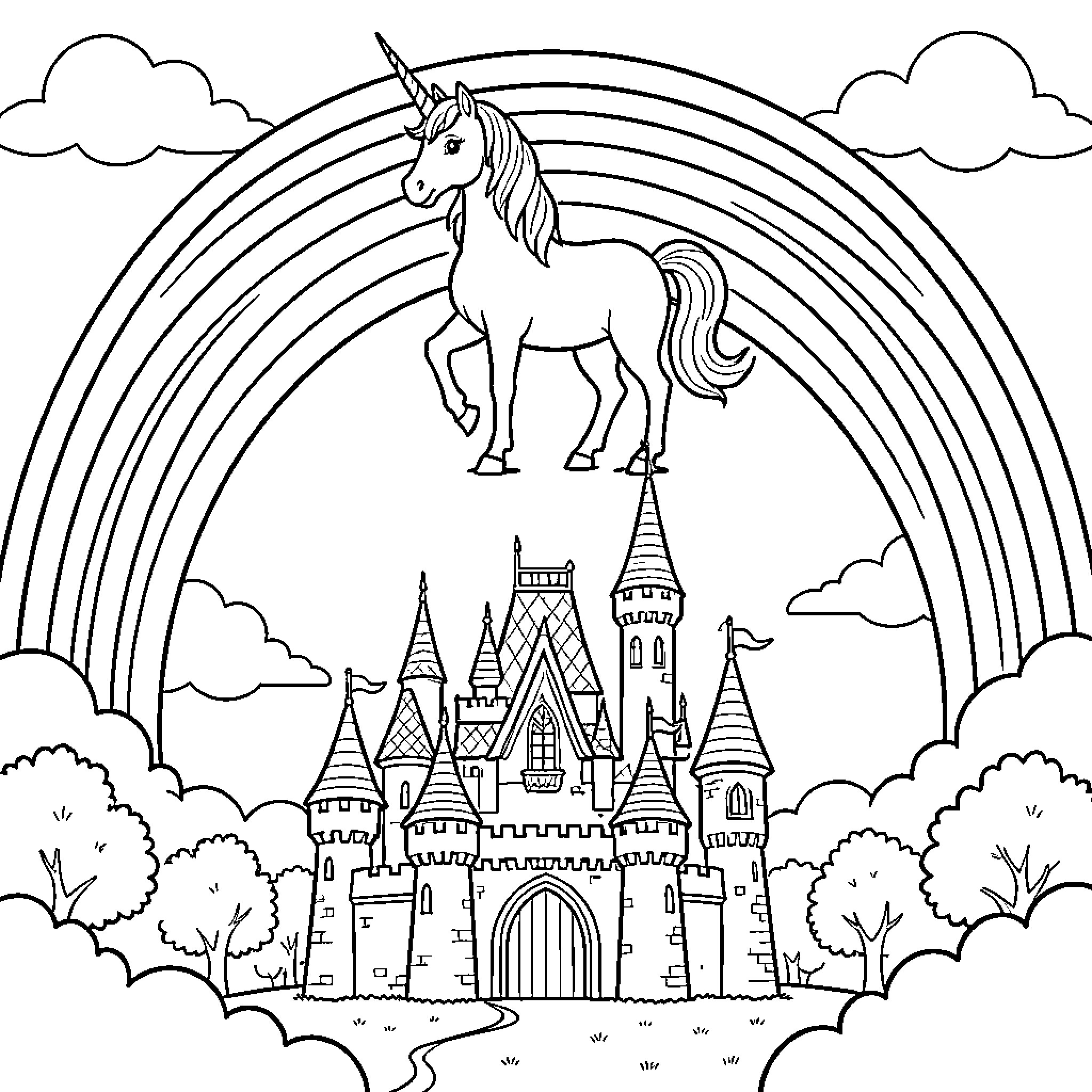 Unicorn standing proudly in front of a magical castle Coloring Page (free black-and-white line drawing printable PDF for all, from beginners to advanced learners, including children, teens, adults, and seniors)