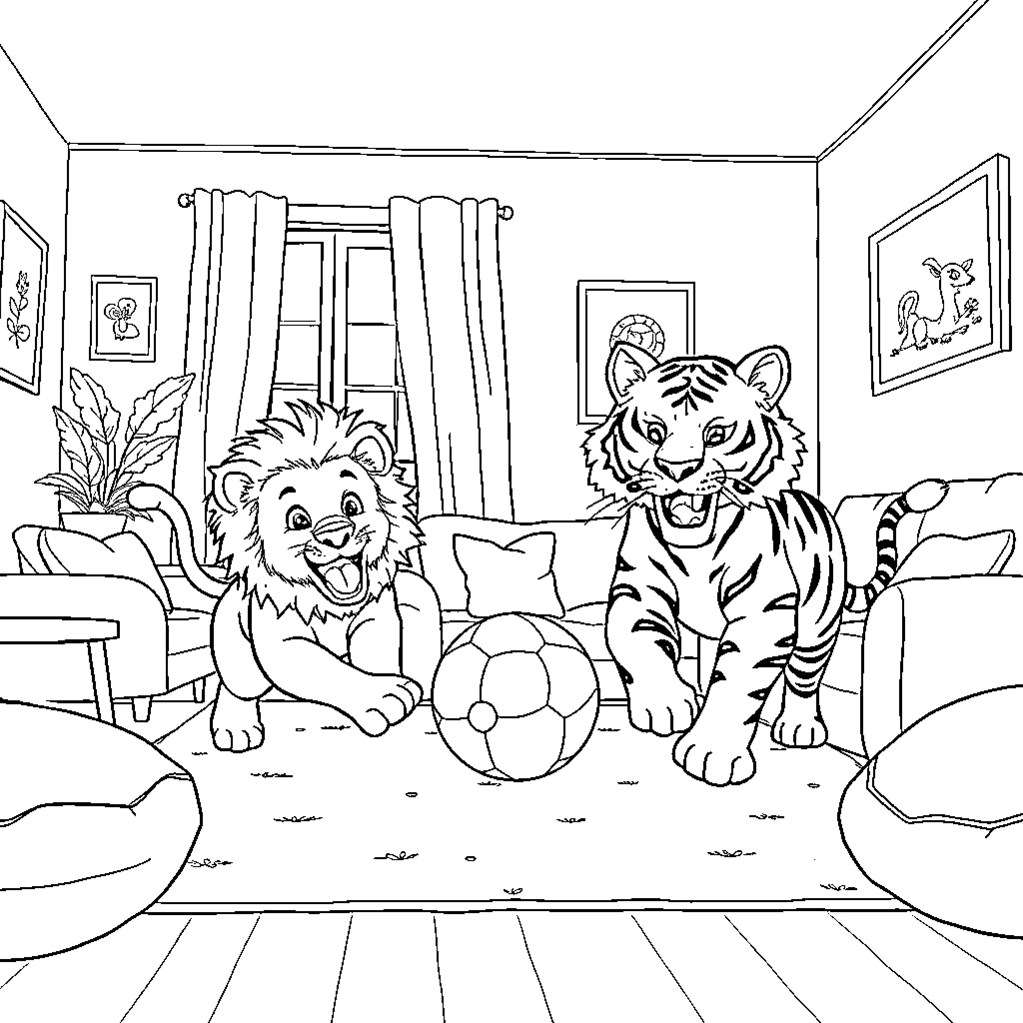 Lion and Tiger Playing Together in the Living Room Coloring Page (free black-and-white line drawing printable PDF for all, from beginners to advanced learners, including children, teens, adults, and seniors)