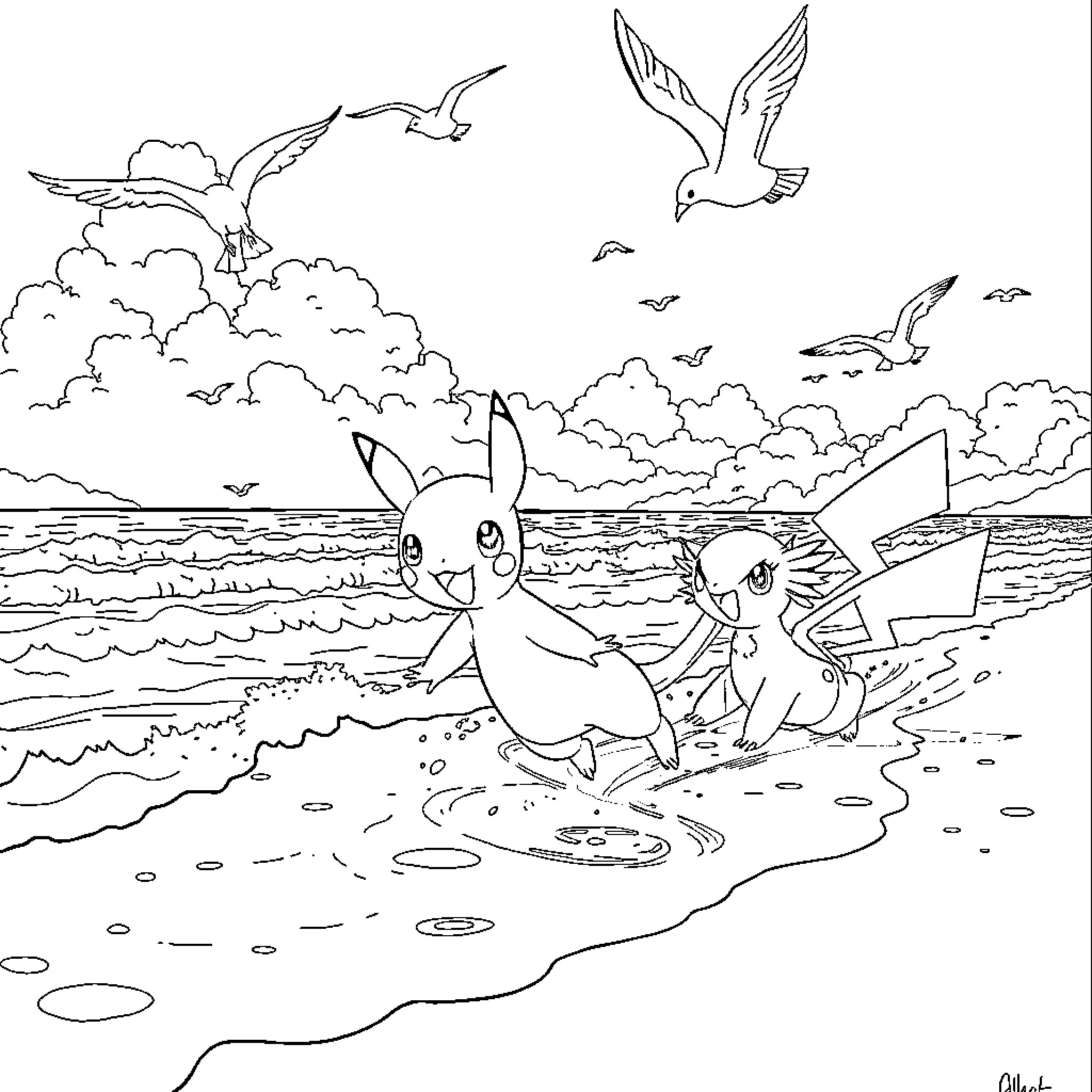 Pokémon enjoying a day at the beach Coloring Page (free black-and-white line drawing printable PDF for all, from beginners to advanced learners, including children, teens, adults, and seniors)
