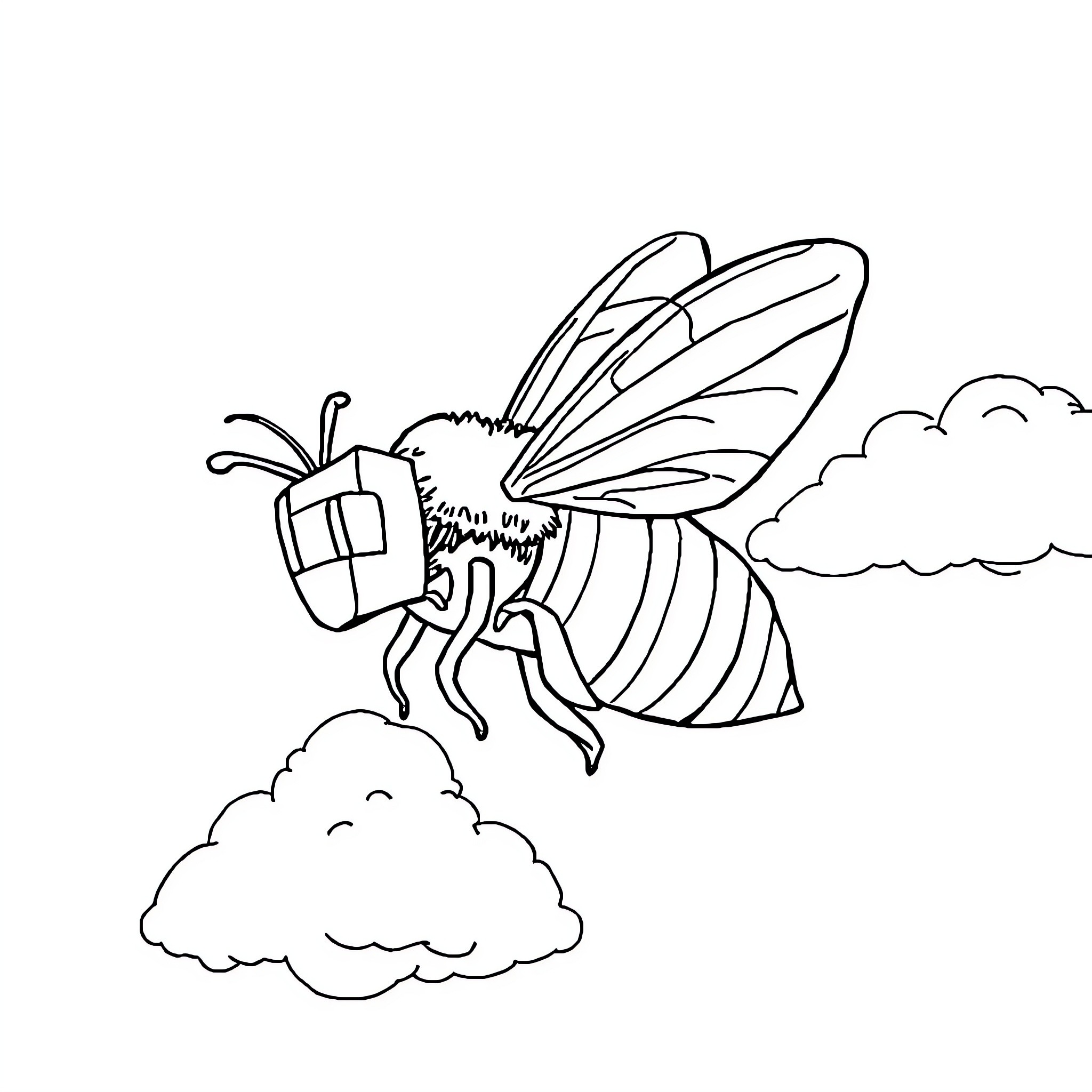 Bee flying above fluffy clouds Coloring Page (free black-and-white line drawing printable PDF for all, from beginners to advanced learners, including children, teens, adults, and seniors)