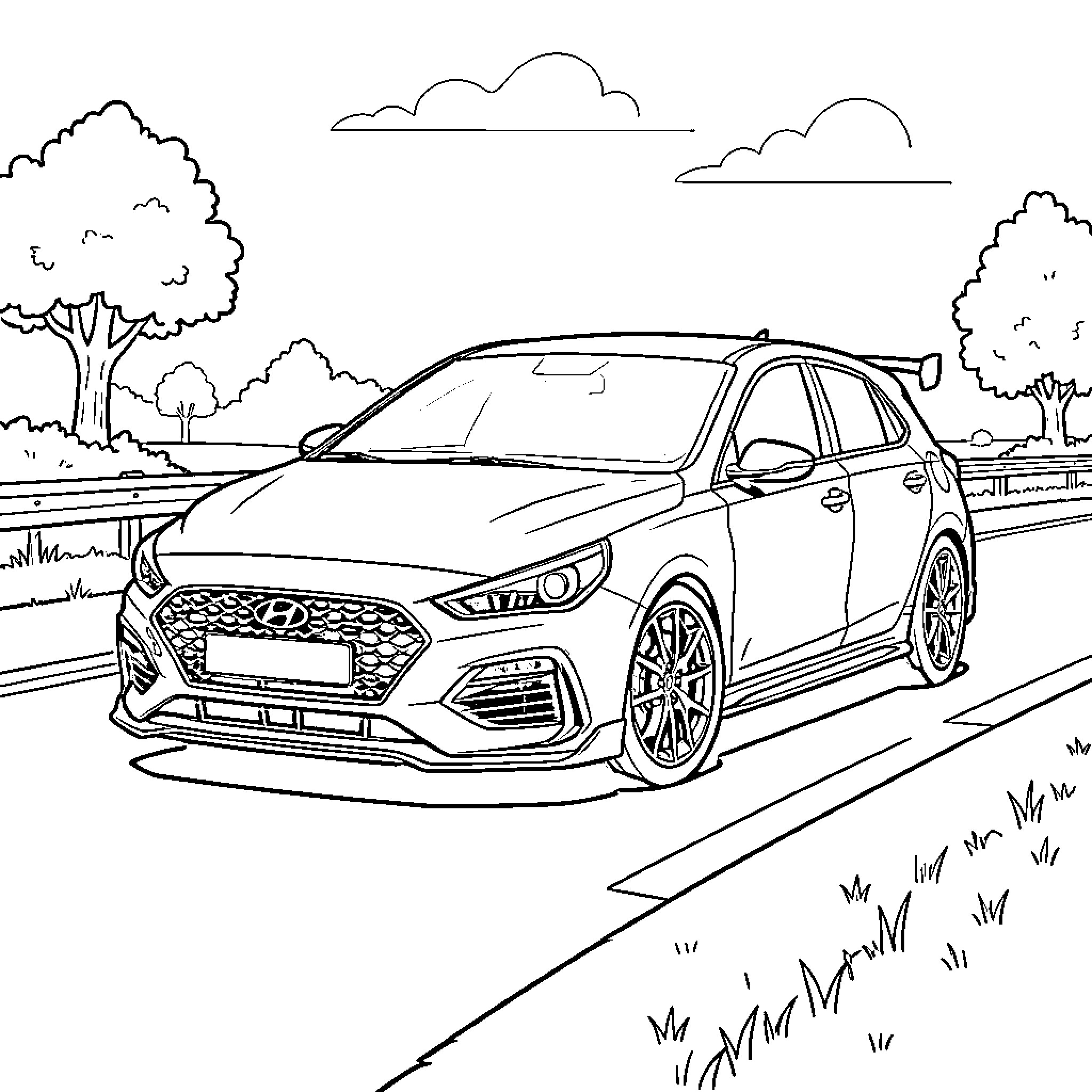 Hyundai i30 N speeding down a scenic road Coloring Page (free black-and-white line drawing printable PDF for all, from beginners to advanced learners, including children, teens, adults, and seniors)