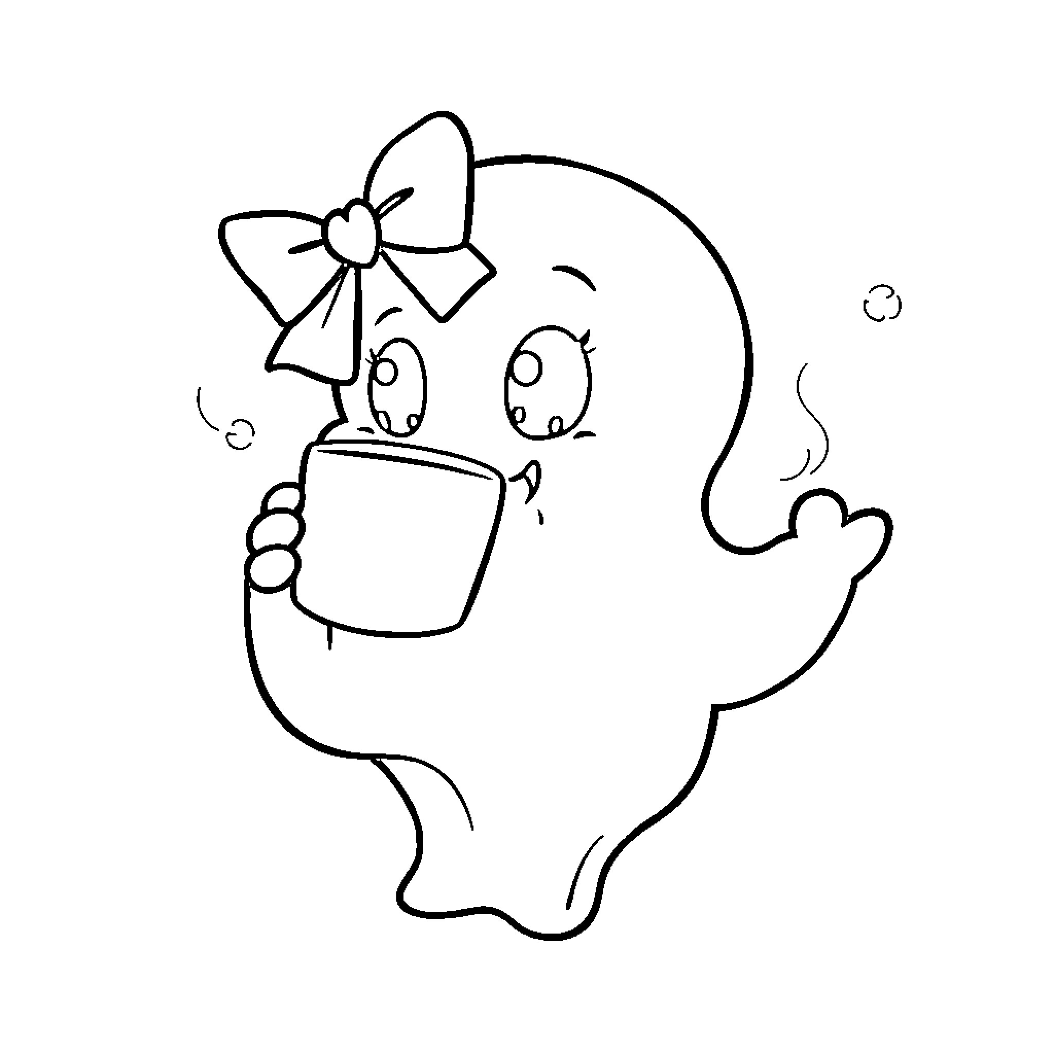 Ghost girl holding a cup Coloring Page (free black-and-white line drawing printable PDF for all, from beginners to advanced learners, including children, teens, adults, and seniors)
