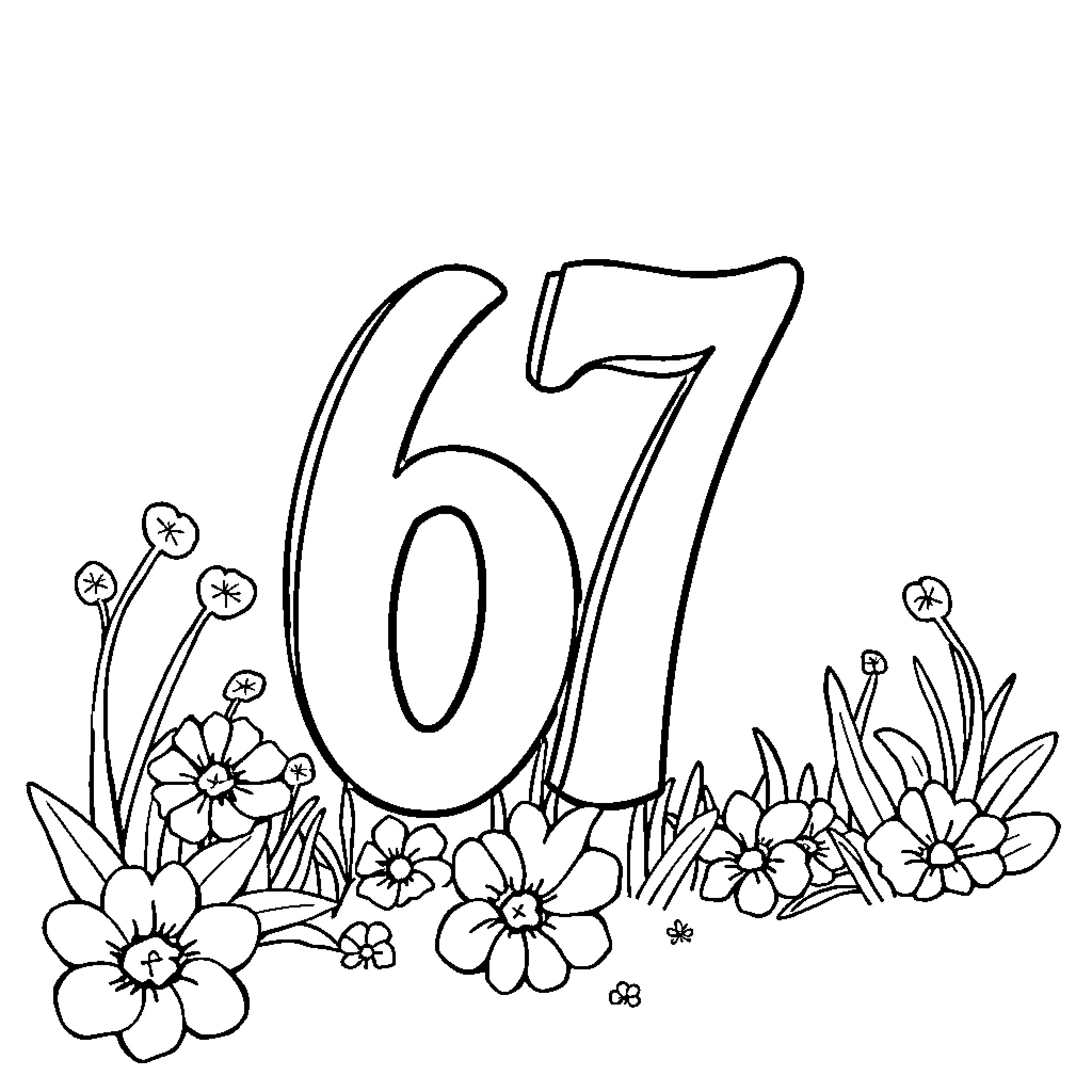 67 Flowers blooming around a number Coloring Page (free black-and-white line drawing printable PDF for all, from beginners to advanced learners, including children, teens, adults, and seniors)