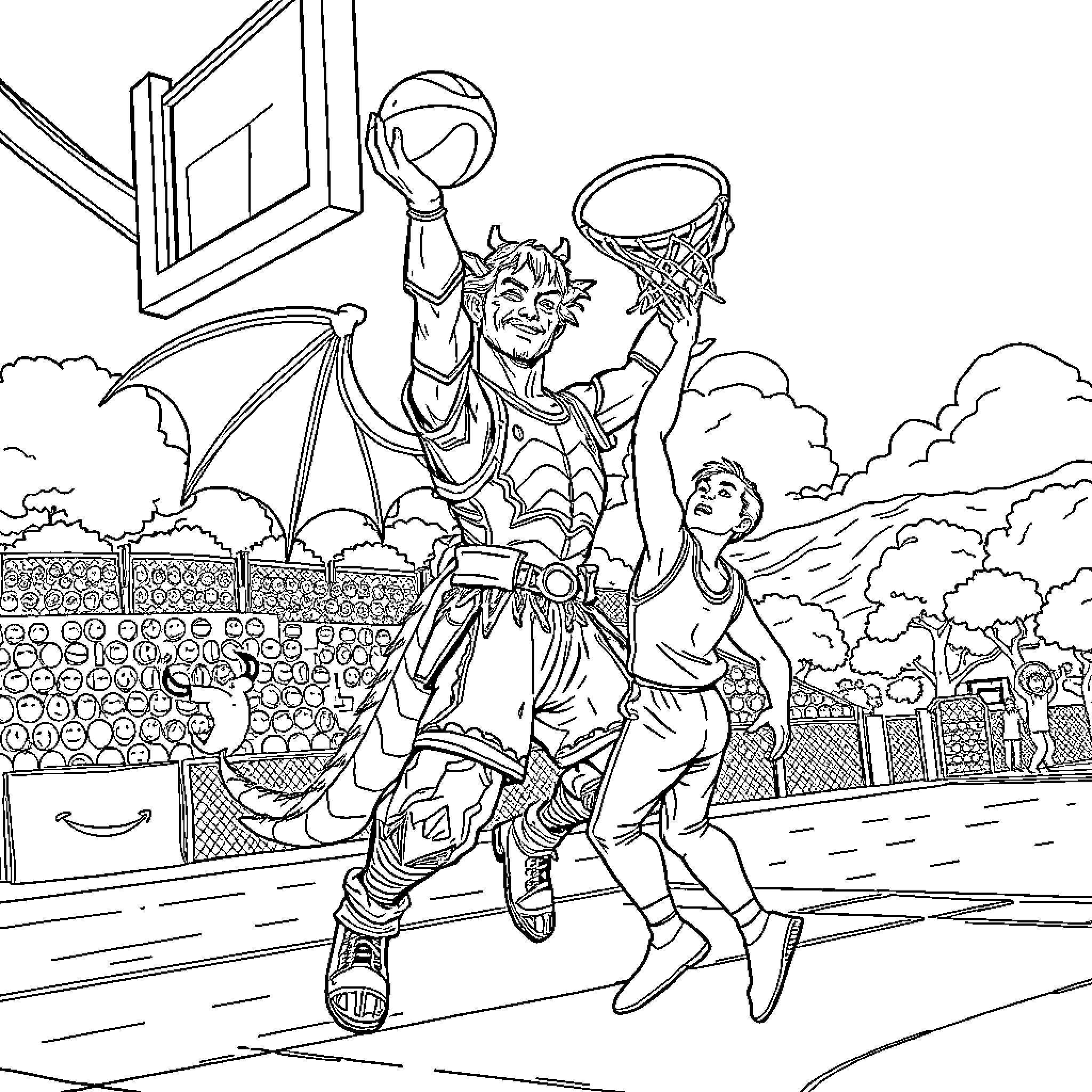 Dovakiin dunking the basketball with a defender Coloring Page (free black-and-white line drawing printable PDF for all, from beginners to advanced learners, including children, teens, adults, and seniors)