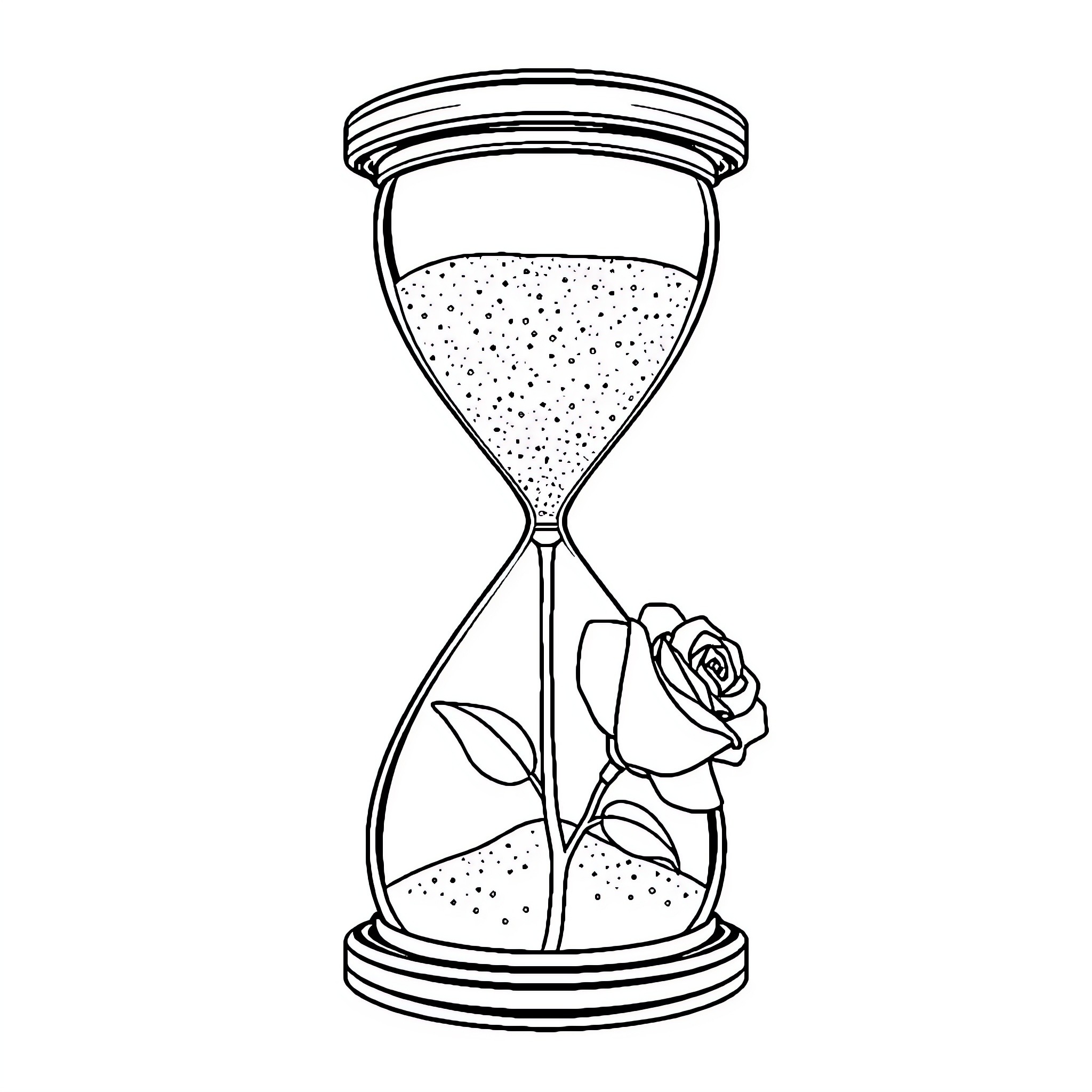 Hourglass with Rose Petals Falling Coloring Page (free black-and-white line drawing printable PDF for all, from beginners to advanced learners, including children, teens, adults, and seniors)