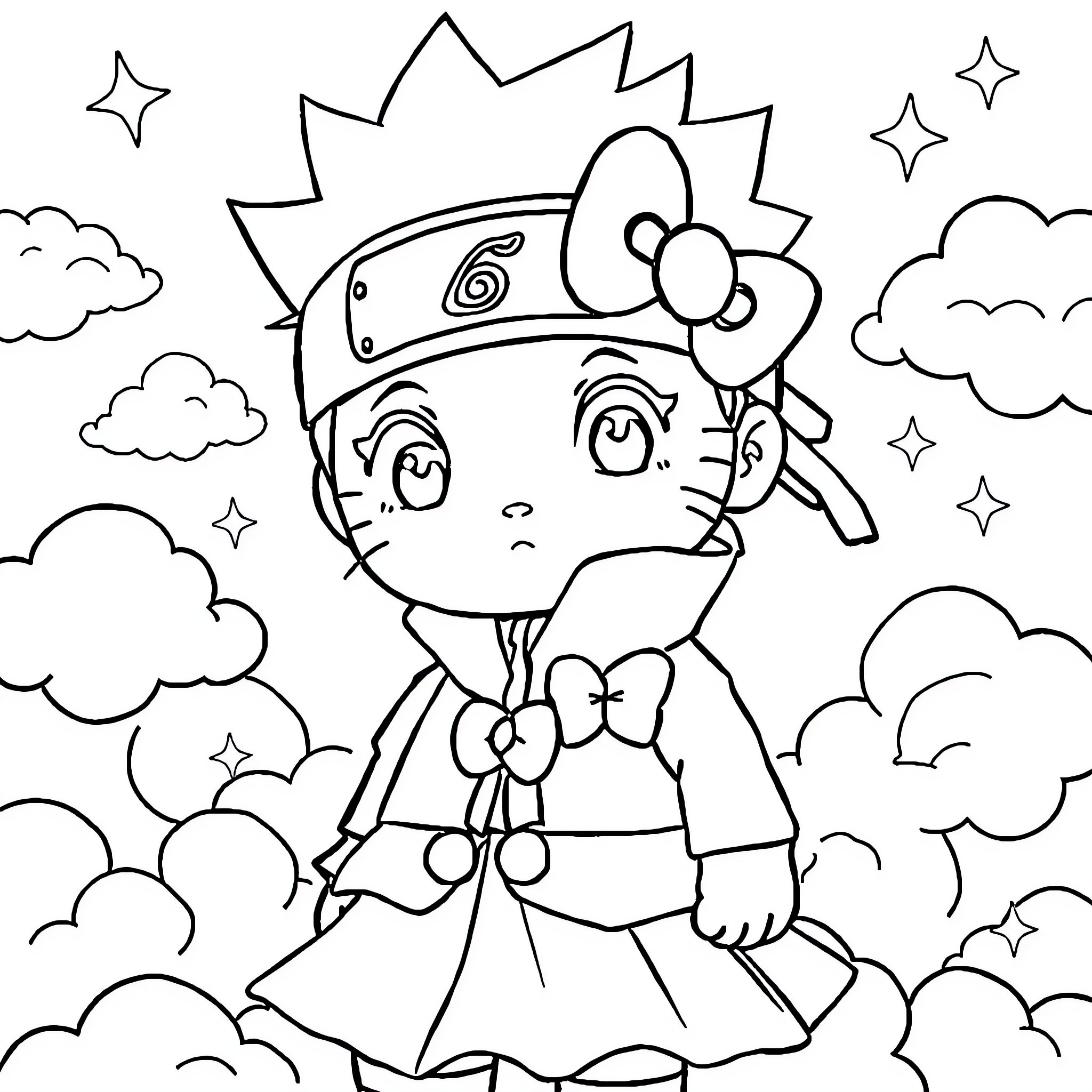 Naruto in Ninja Outfit Surrounded by Clouds and Stars Coloring Page (free black-and-white line drawing printable PDF for all, from beginners to advanced learners, including children, teens, adults, and seniors)