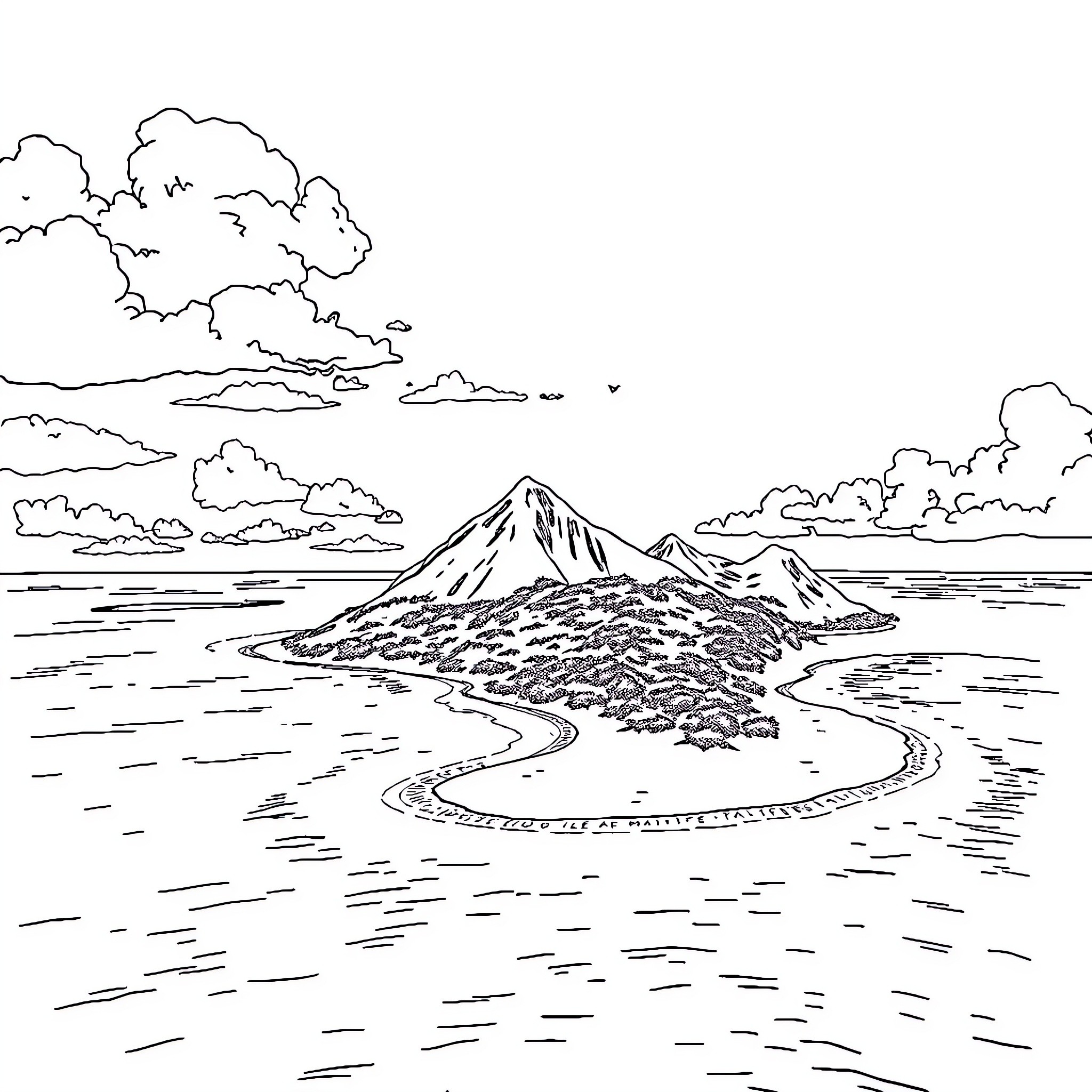 Mayotte: Dramatic mountain landscape with scenic coastline Coloring Page (free black-and-white line drawing printable PDF for all, from beginners to advanced learners, including children, teens, adults, and seniors)