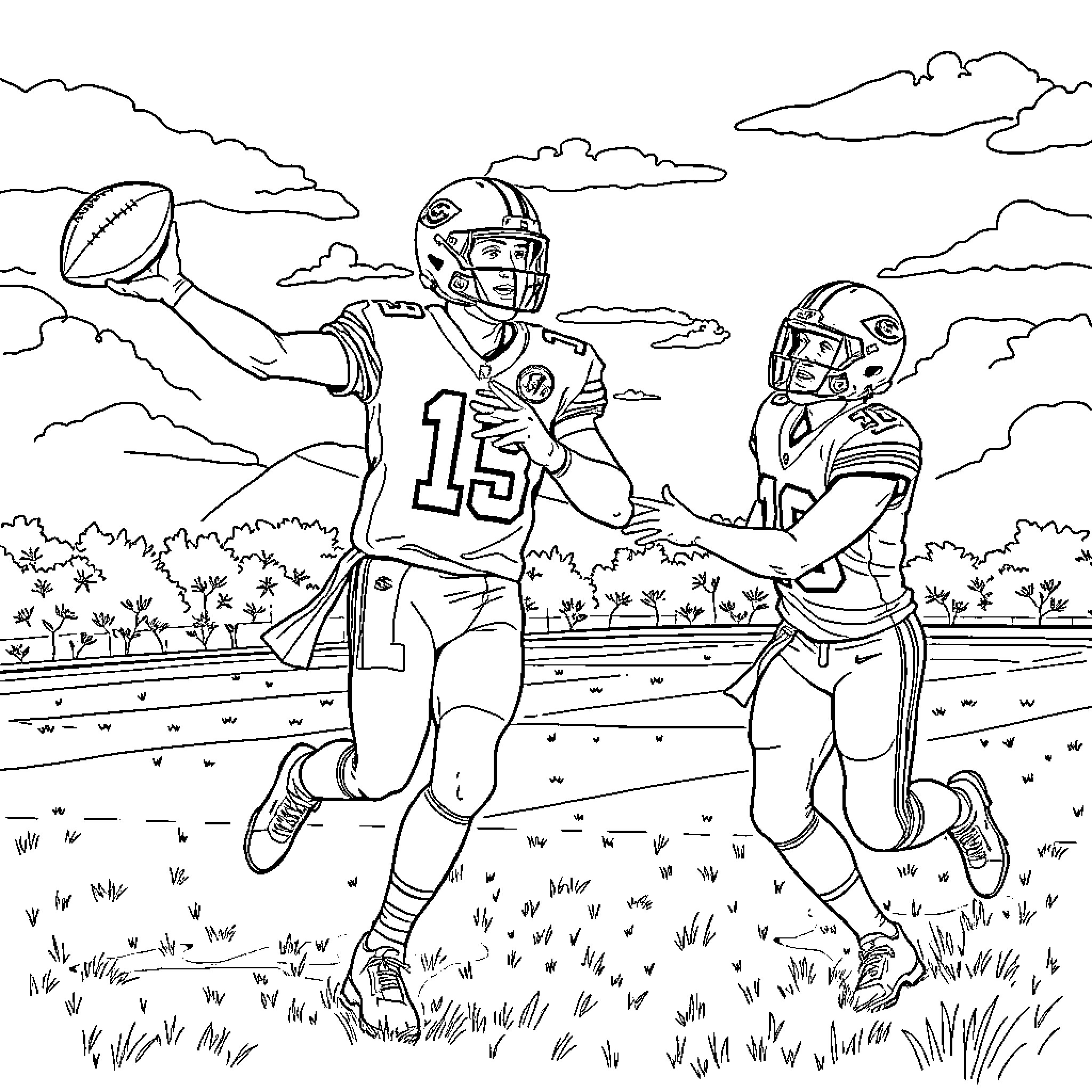 Patrick Mahomes throwing football during game with defenders Coloring Page (free black-and-white line drawing printable PDF for all, from beginners to advanced learners, including children, teens, adults, and seniors)
