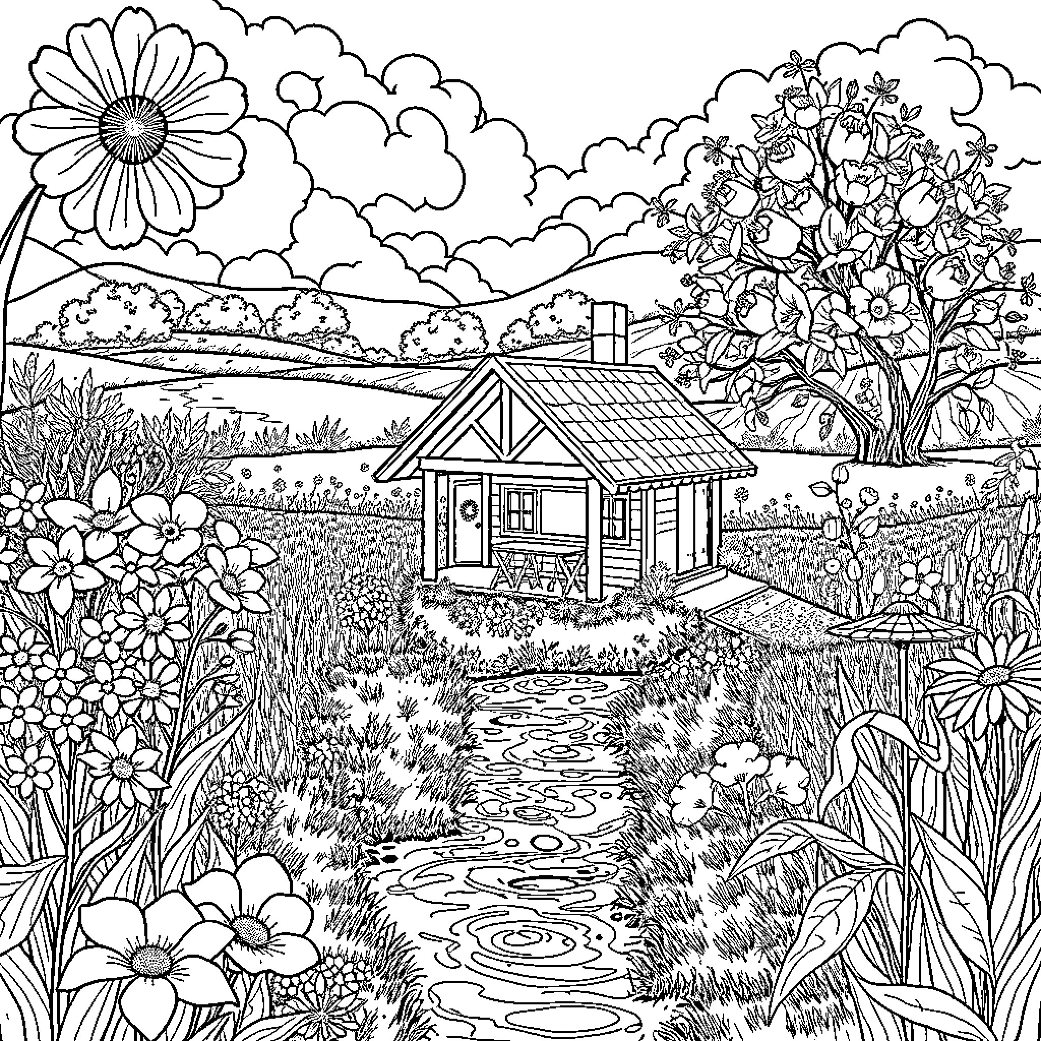 Flower-filled countryside scene with quaint cottage Coloring Page (free black-and-white line drawing printable PDF for all, from beginners to advanced learners, including children, teens, adults, and seniors)