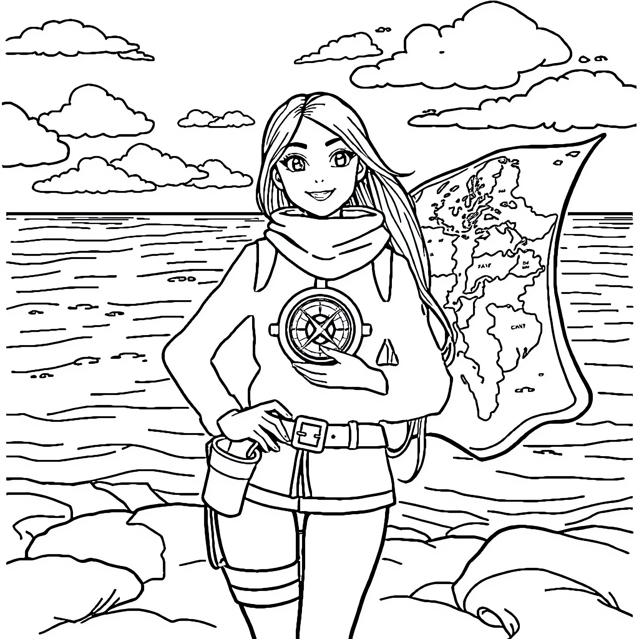 Nami's Adventure by the Sea Coloring Page (free black-and-white line drawing printable PDF for all, from beginners to advanced learners, including children, teens, adults, and seniors)