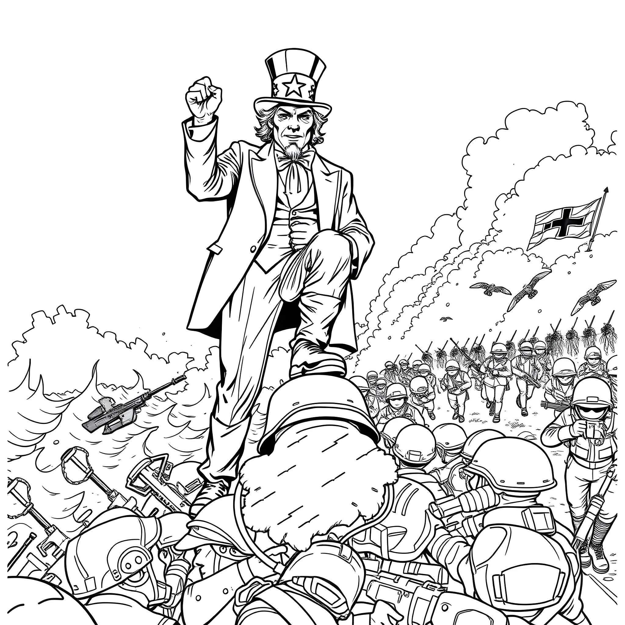 Uncle Sam rallying troops in battle scene Coloring Page (free black-and-white line drawing printable PDF for all, from beginners to advanced learners, including children, teens, adults, and seniors)