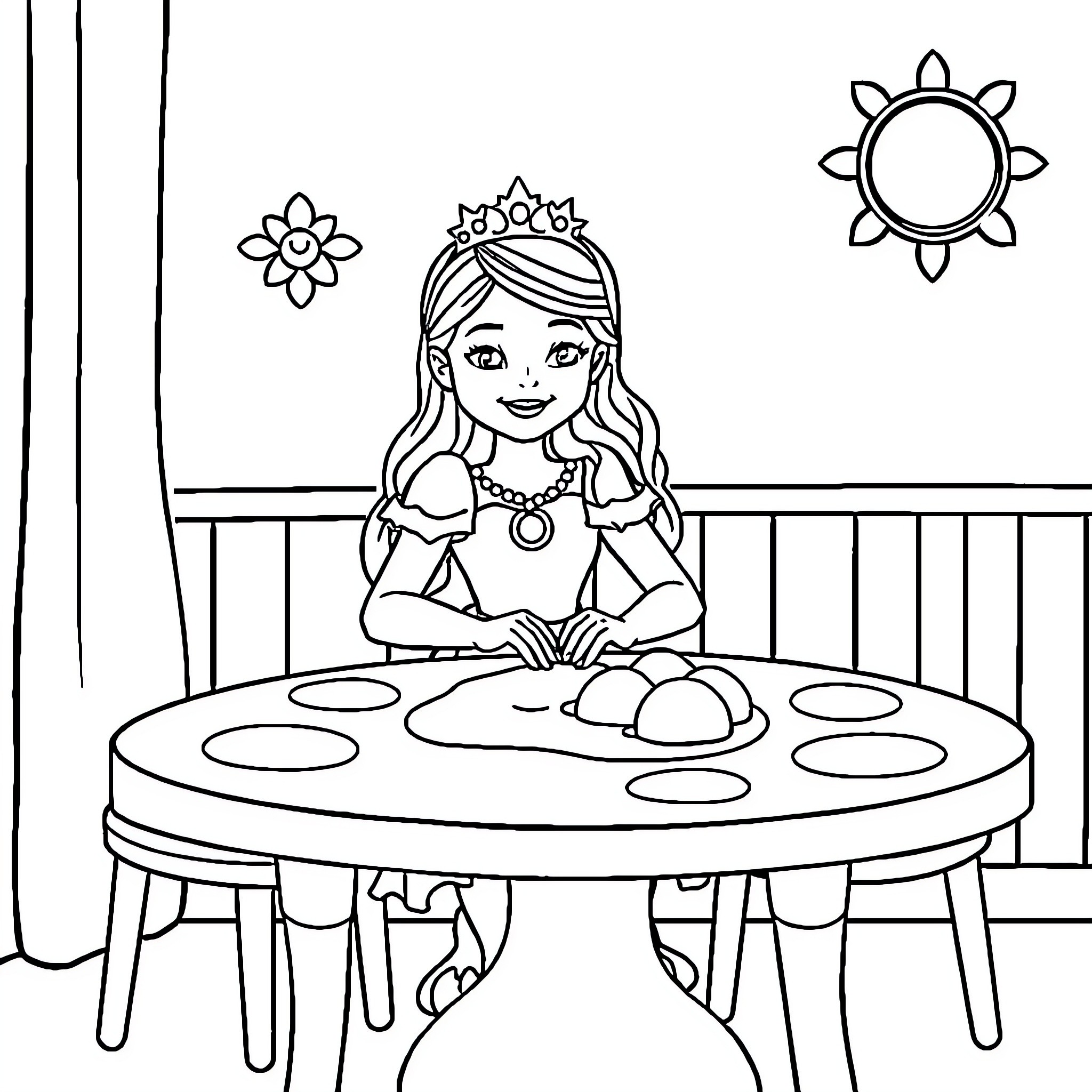 Princess Enjoying Meal on Round Table Coloring Page (free black-and-white line drawing printable PDF for all, from beginners to advanced learners, including children, teens, adults, and seniors)