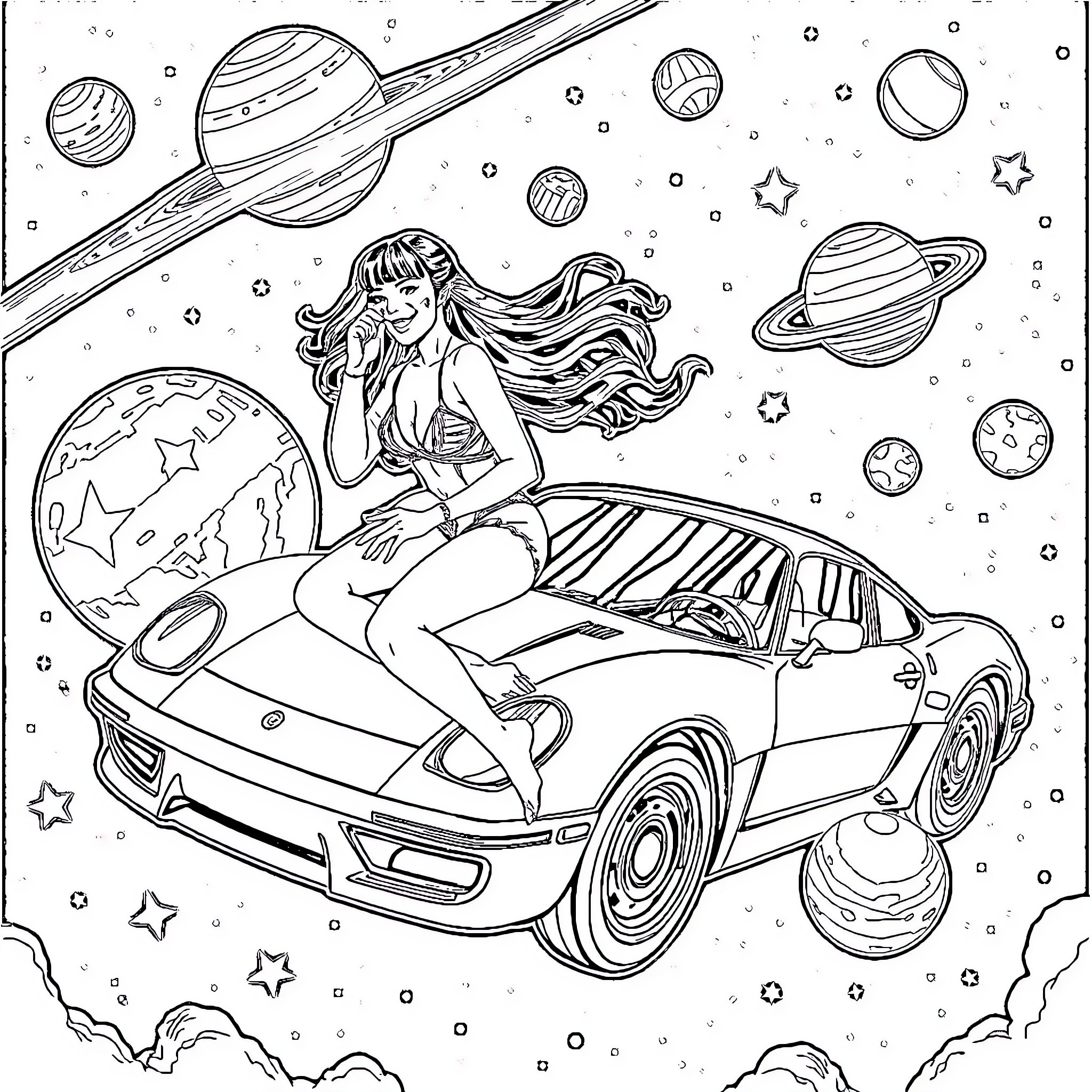 Dua Lipa's Cosmic Adventure in a Vintage Sports Car Coloring Page (free black-and-white line drawing printable PDF for all, from beginners to advanced learners, including children, teens, adults, and seniors)