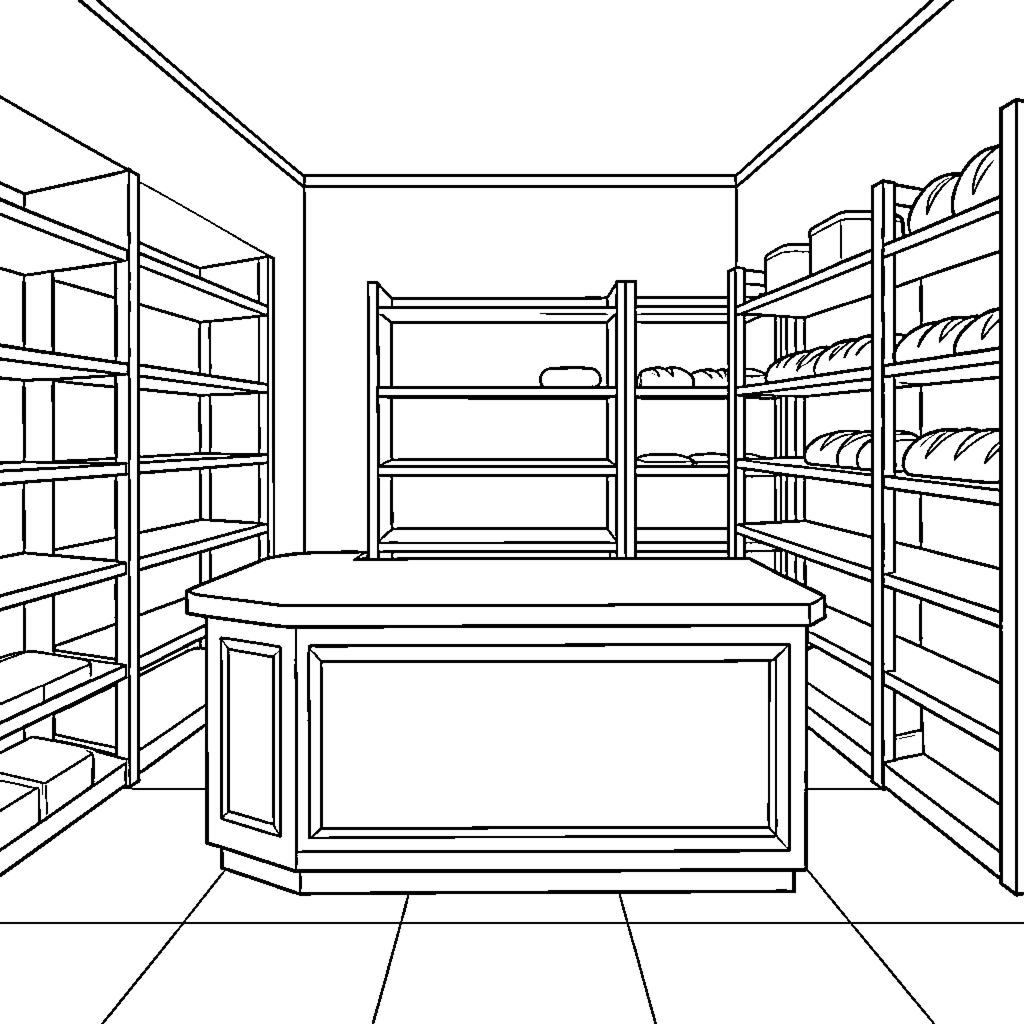 Panadería with Shelves of Baked Goods Coloring Page (free black-and-white line drawing printable PDF for all, from beginners to advanced learners, including children, teens, adults, and seniors)