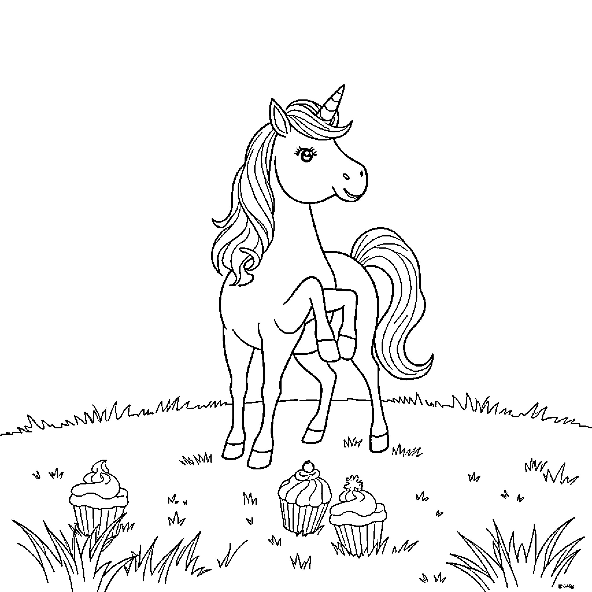 Unicorn enjoying cupcakes in a grassy meadow Coloring Page (free black-and-white line drawing printable PDF for all, from beginners to advanced learners, including children, teens, adults, and seniors)