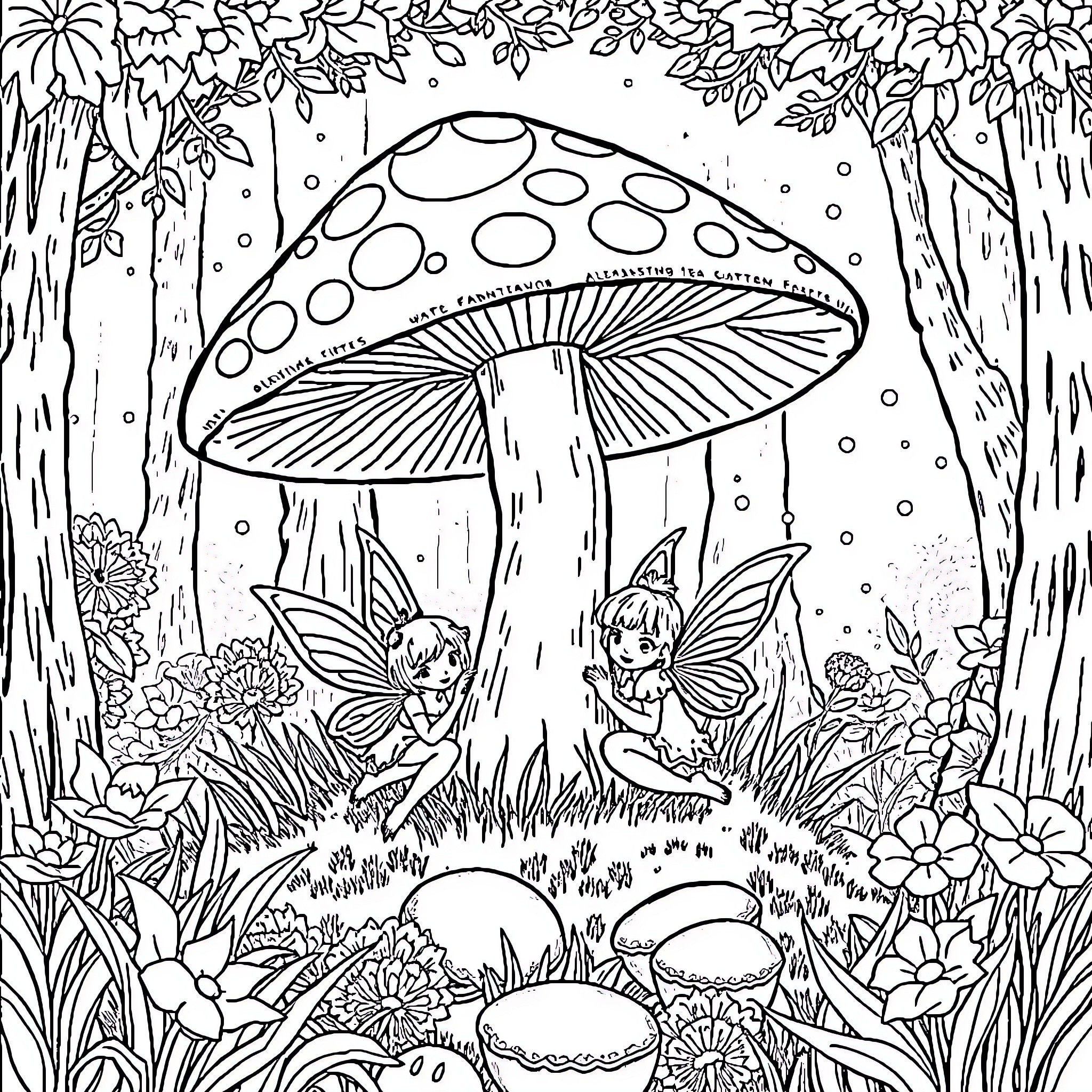 Fairy creatures in enchanted mushroom forest Coloring Page (free black-and-white line drawing printable PDF for all, from beginners to advanced learners, including children, teens, adults, and seniors)