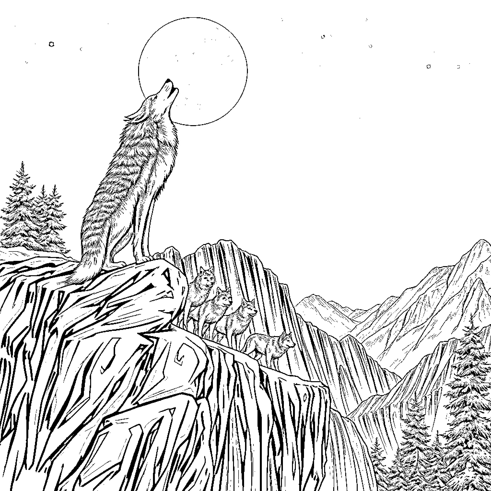 Wolf howling at the moon in the wilderness Coloring Page (free black-and-white line drawing printable PDF for all, from beginners to advanced learners, including children, teens, adults, and seniors)