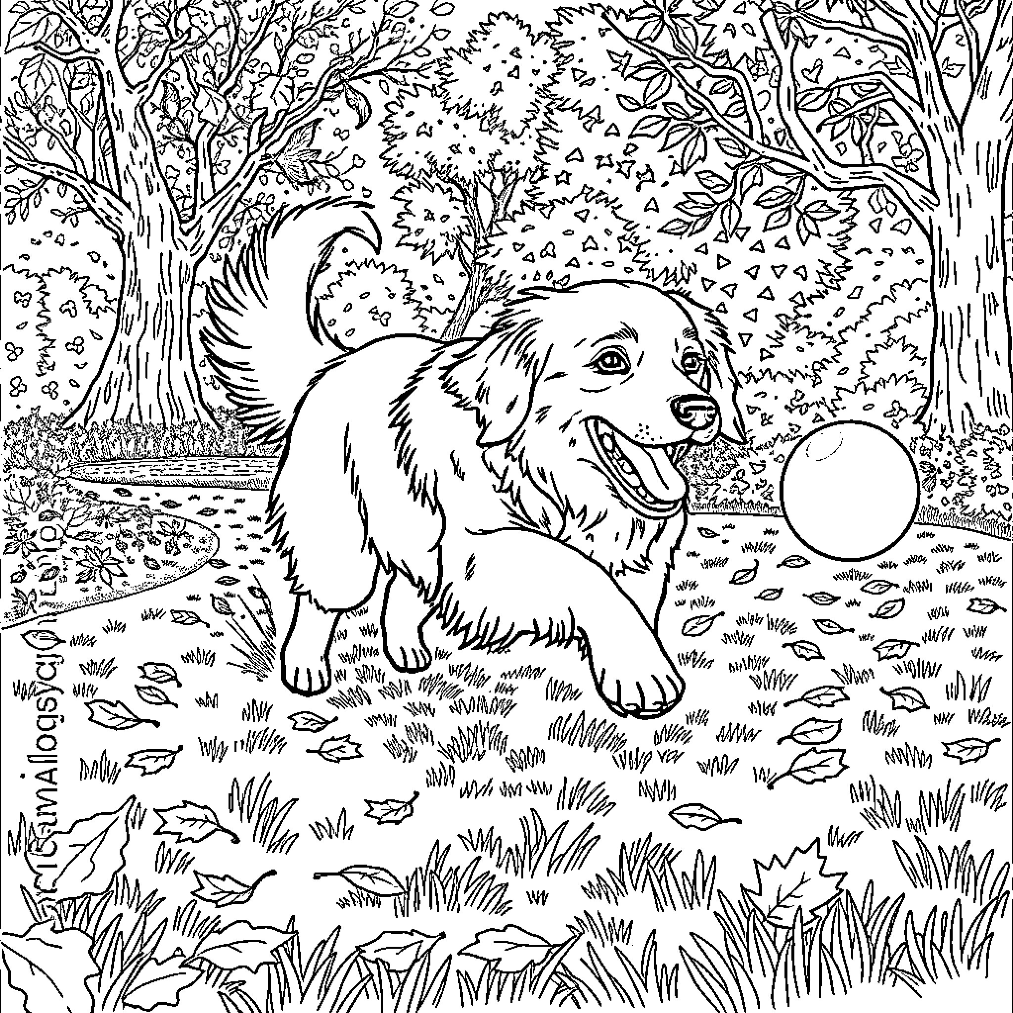 Golden Retriever playing joyfully in autumn forest Coloring Page (free black-and-white line drawing printable PDF for all, from beginners to advanced learners, including children, teens, adults, and seniors)