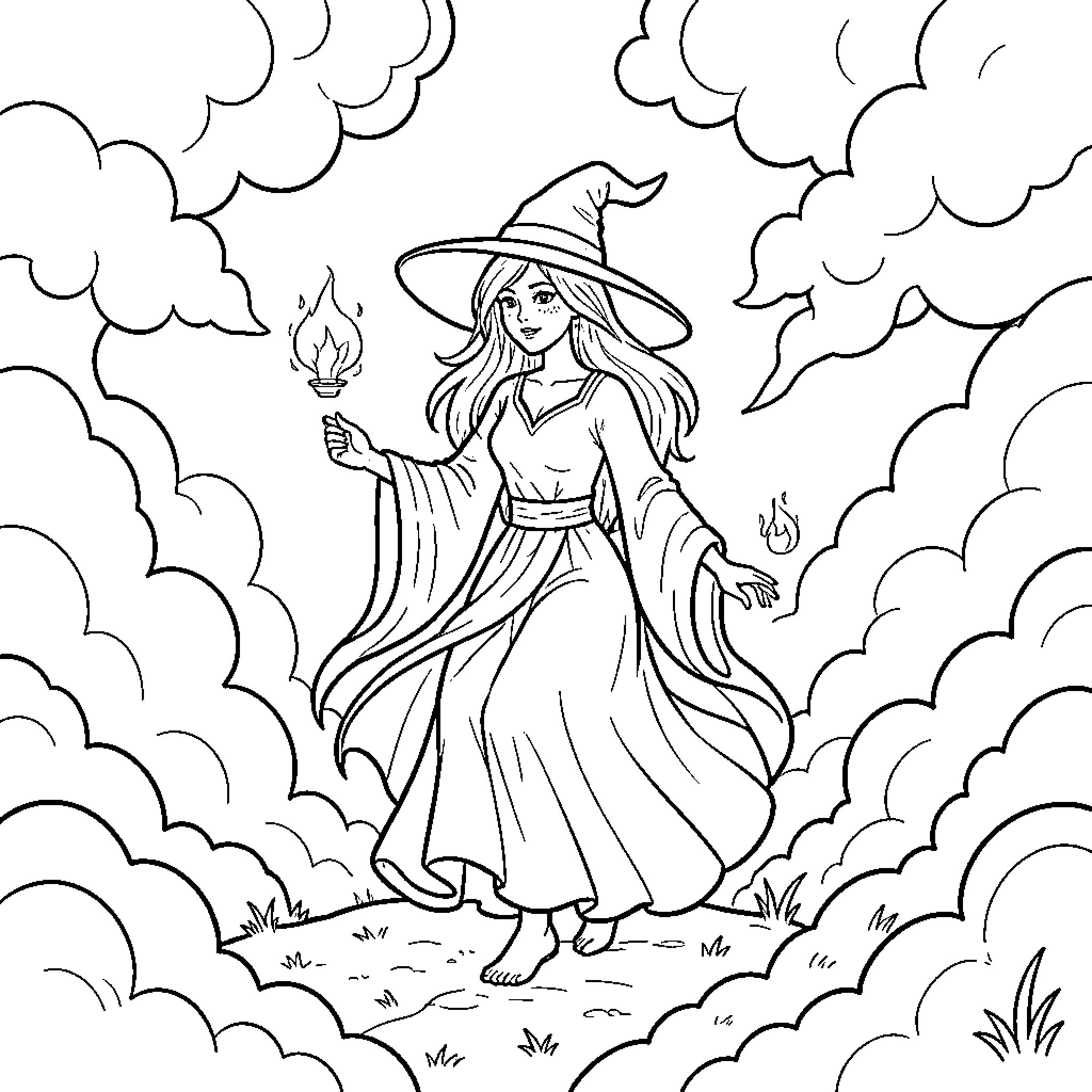 Sorceress casting spells in the misty forest Coloring Page (free black-and-white line drawing printable PDF for all, from beginners to advanced learners, including children, teens, adults, and seniors)
