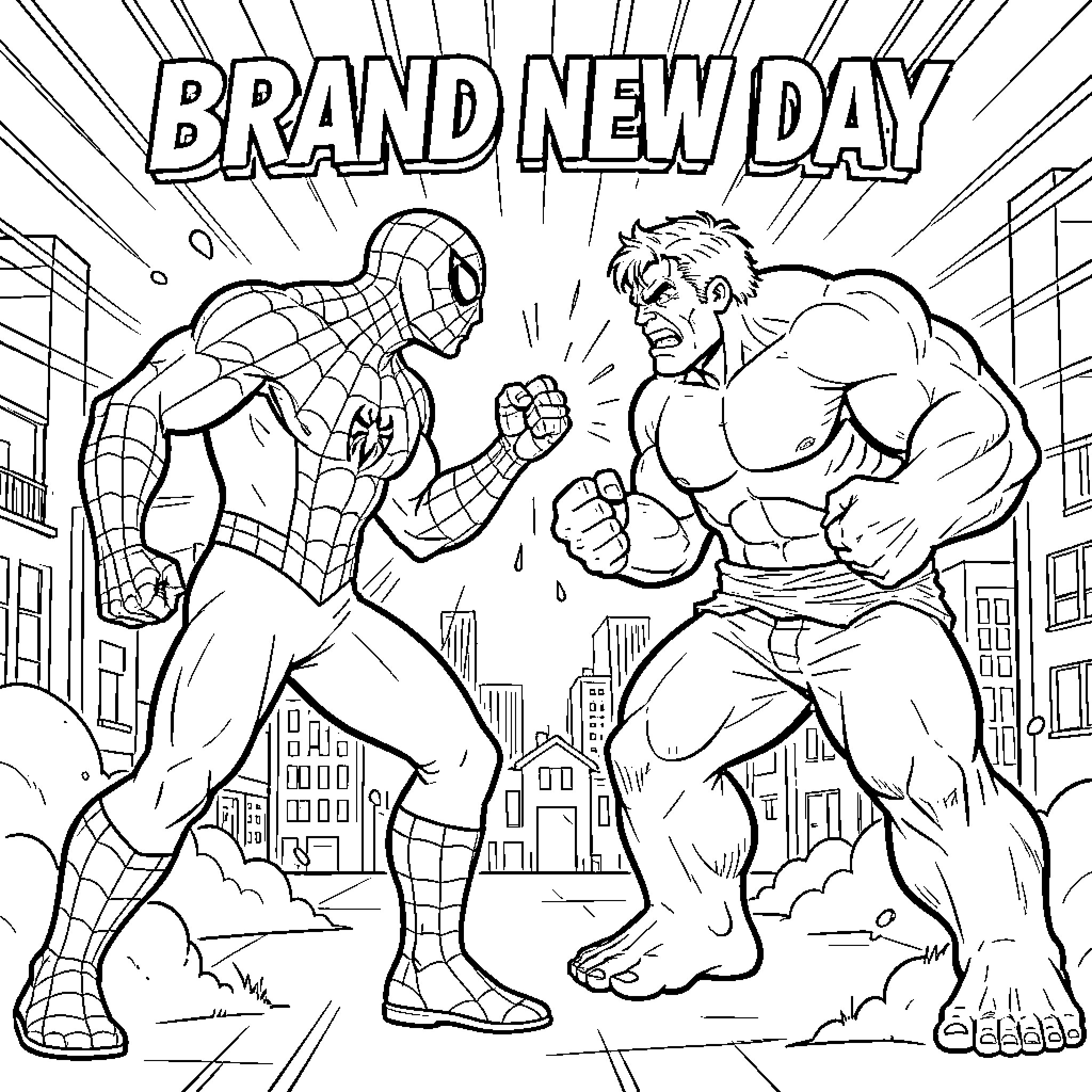 Spiderman facing off against a muscular villain in battle Coloring Page (free black-and-white line drawing printable PDF for all, from beginners to advanced learners, including children, teens, adults, and seniors)
