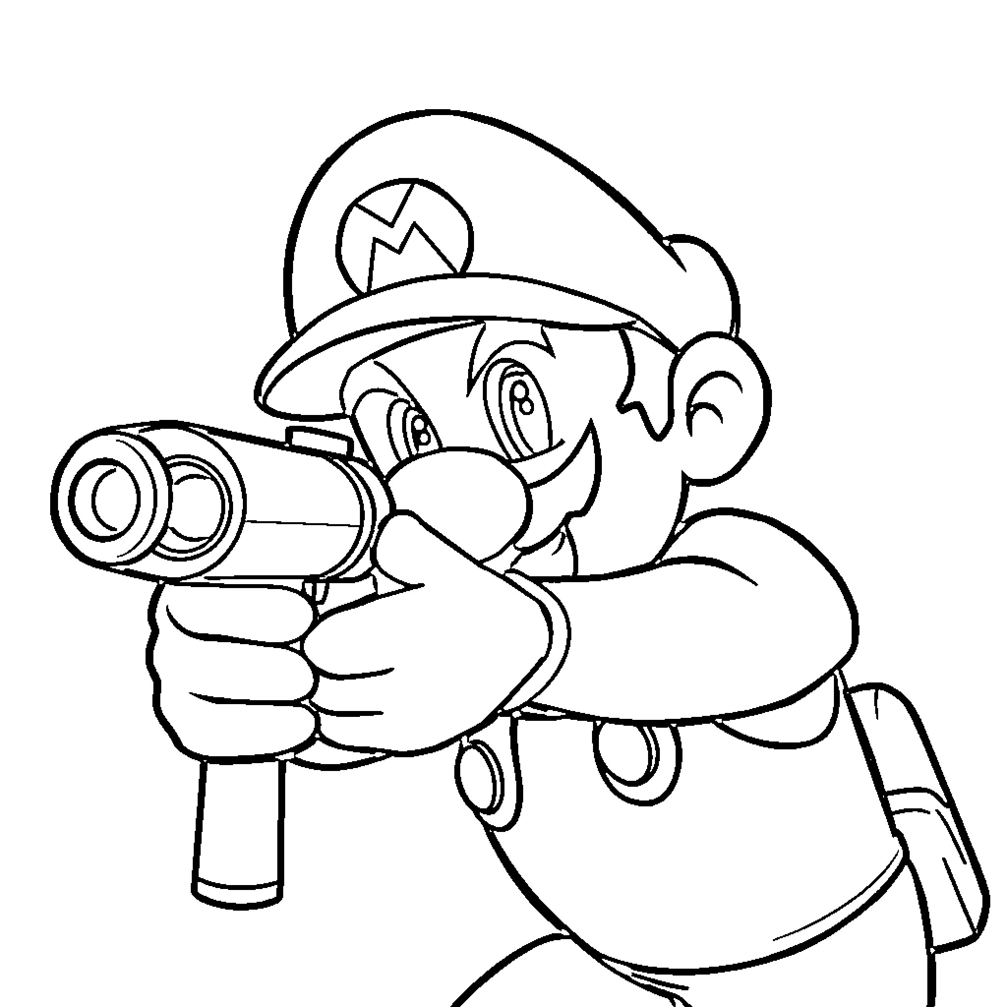 Super Mario Wielding Blaster in Action Coloring Page (free black-and-white line drawing printable PDF for all, from beginners to advanced learners, including children, teens, adults, and seniors)