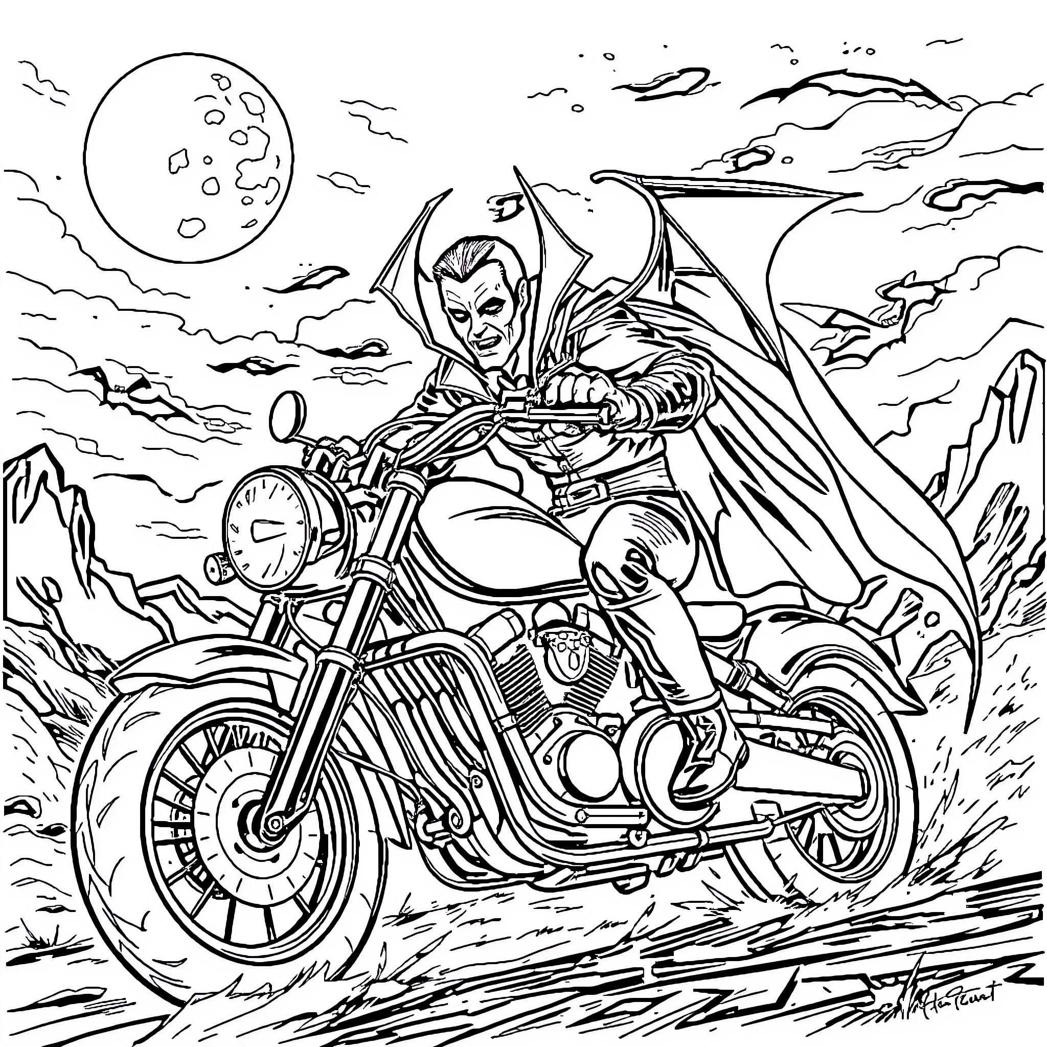 Dracula's Midnight Motorcycle Ride Coloring Page (free black-and-white line drawing printable PDF for all, from beginners to advanced learners, including children, teens, adults, and seniors)
