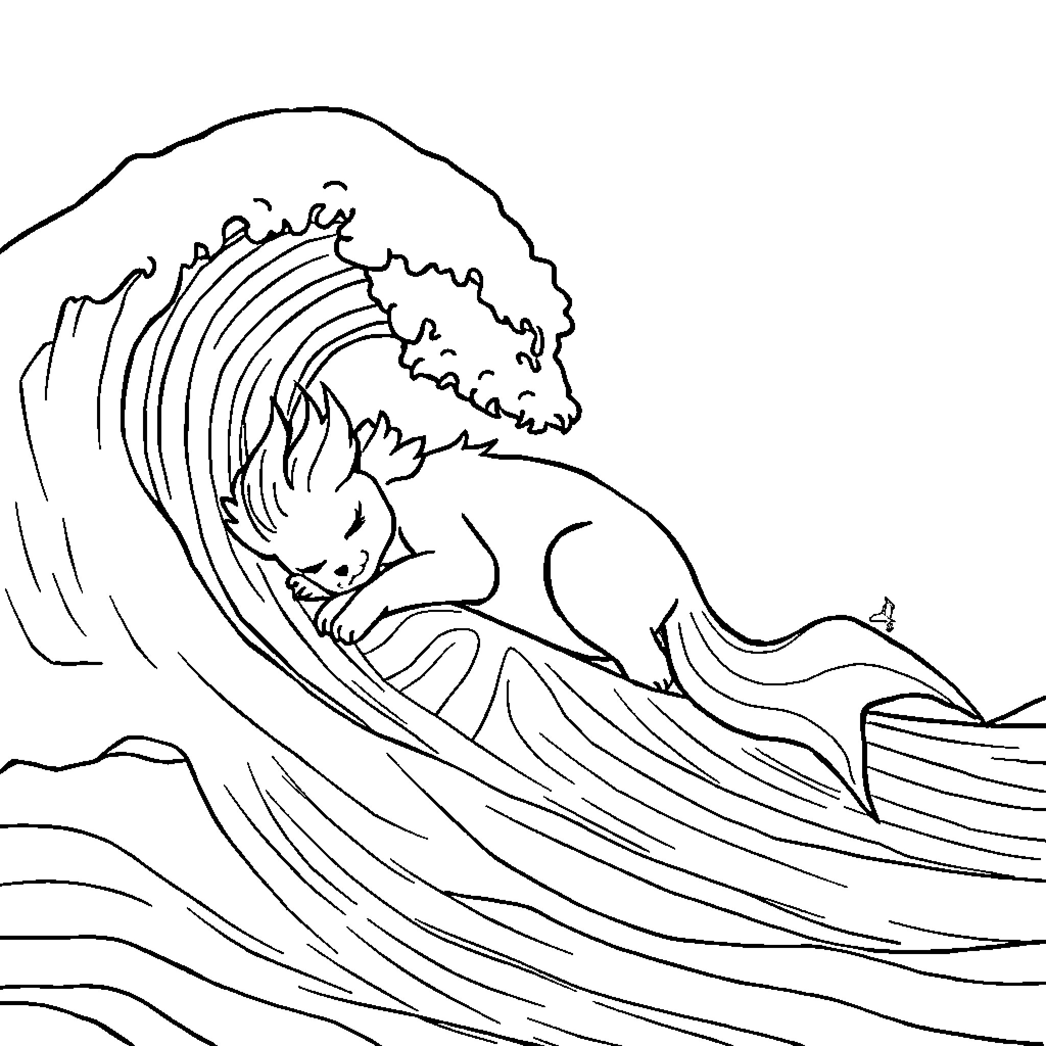 Flamara's Aquatic Adventure Coloring Page (free black-and-white line drawing printable PDF for all, from beginners to advanced learners, including children, teens, adults, and seniors)