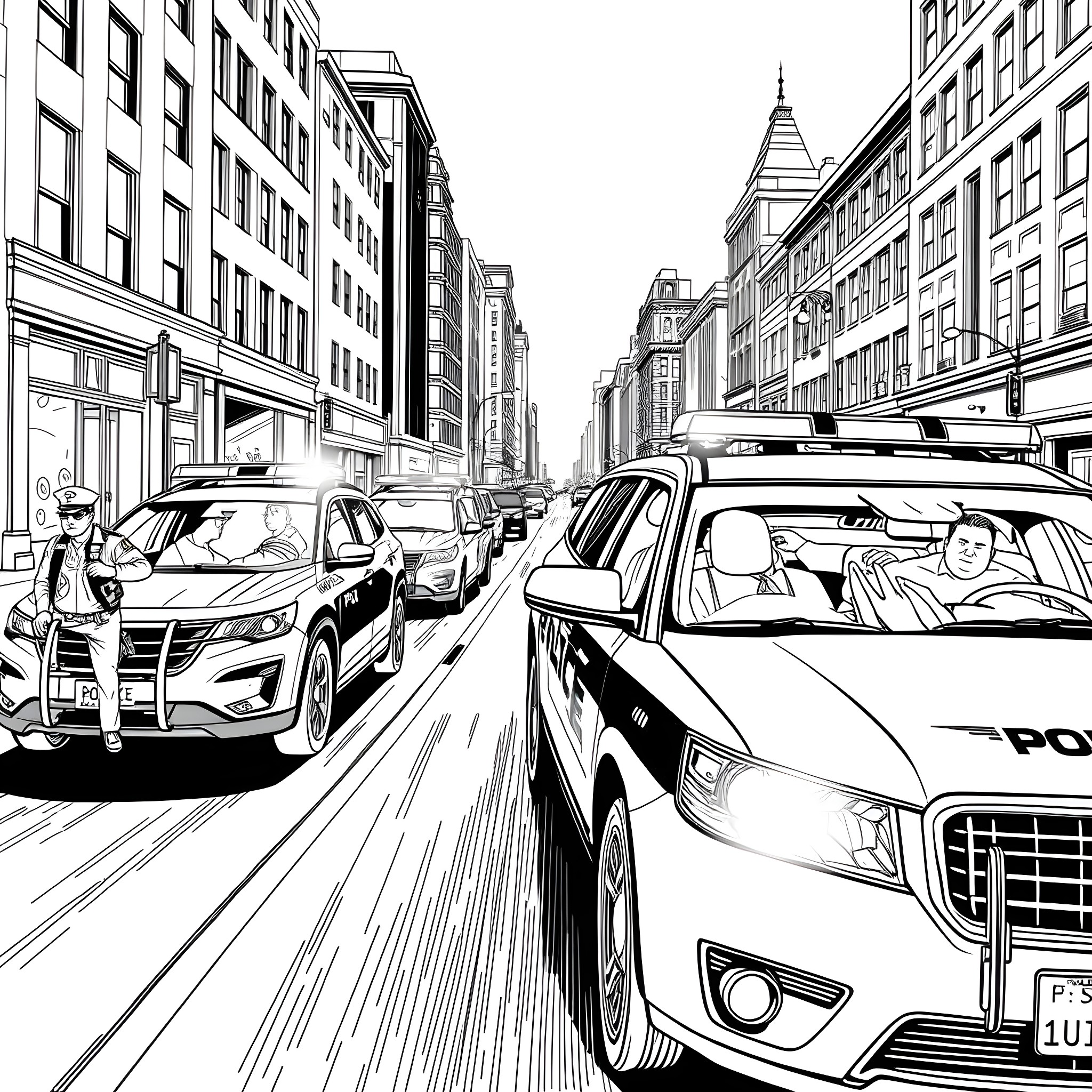 Police Cars Rushing Through Busy City Streets Coloring Page (free black-and-white line drawing printable PDF for all, from beginners to advanced learners, including children, teens, adults, and seniors)
