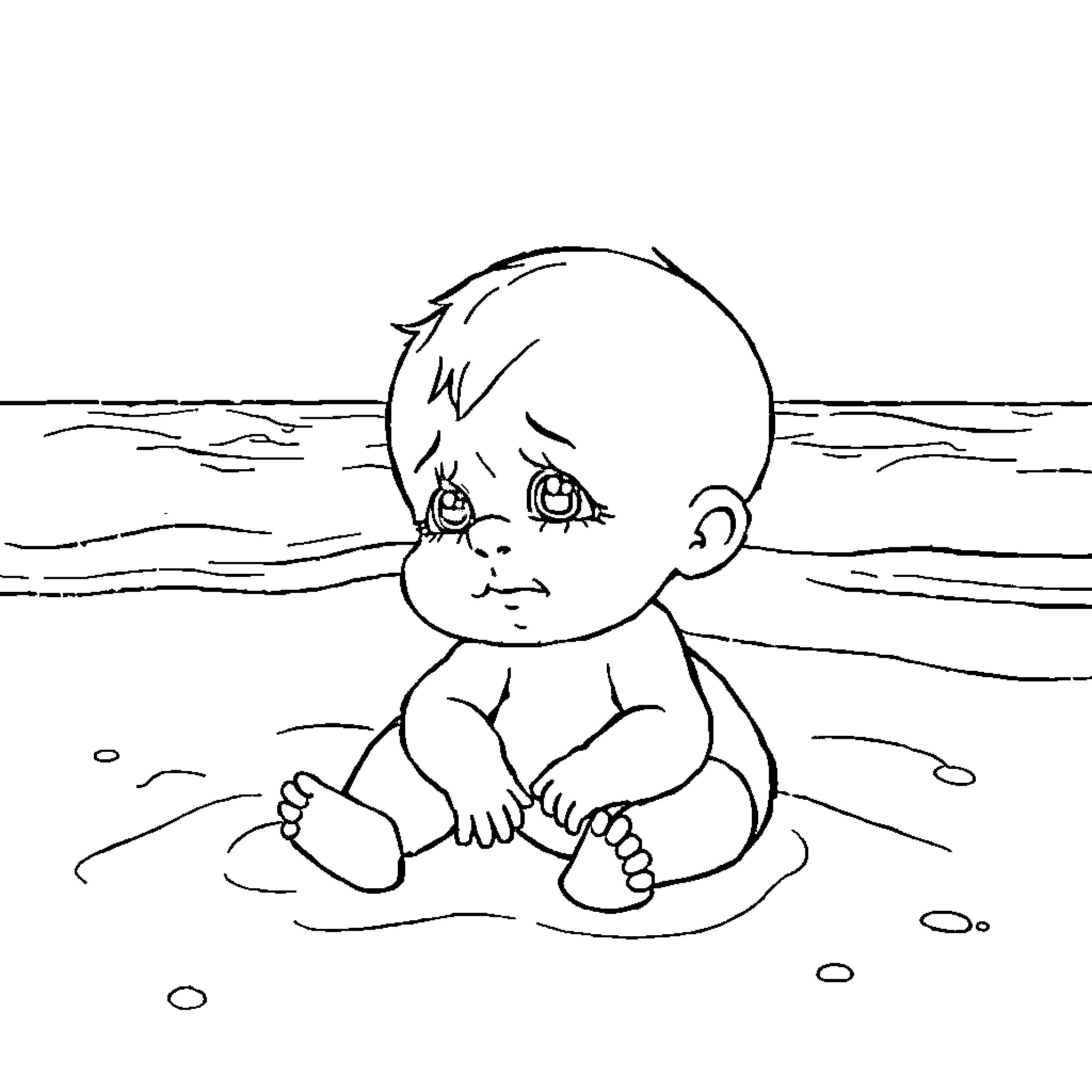 Bebe playing in the sand on the beach Coloring Page (free black-and-white line drawing printable PDF for all, from beginners to advanced learners, including children, teens, adults, and seniors)