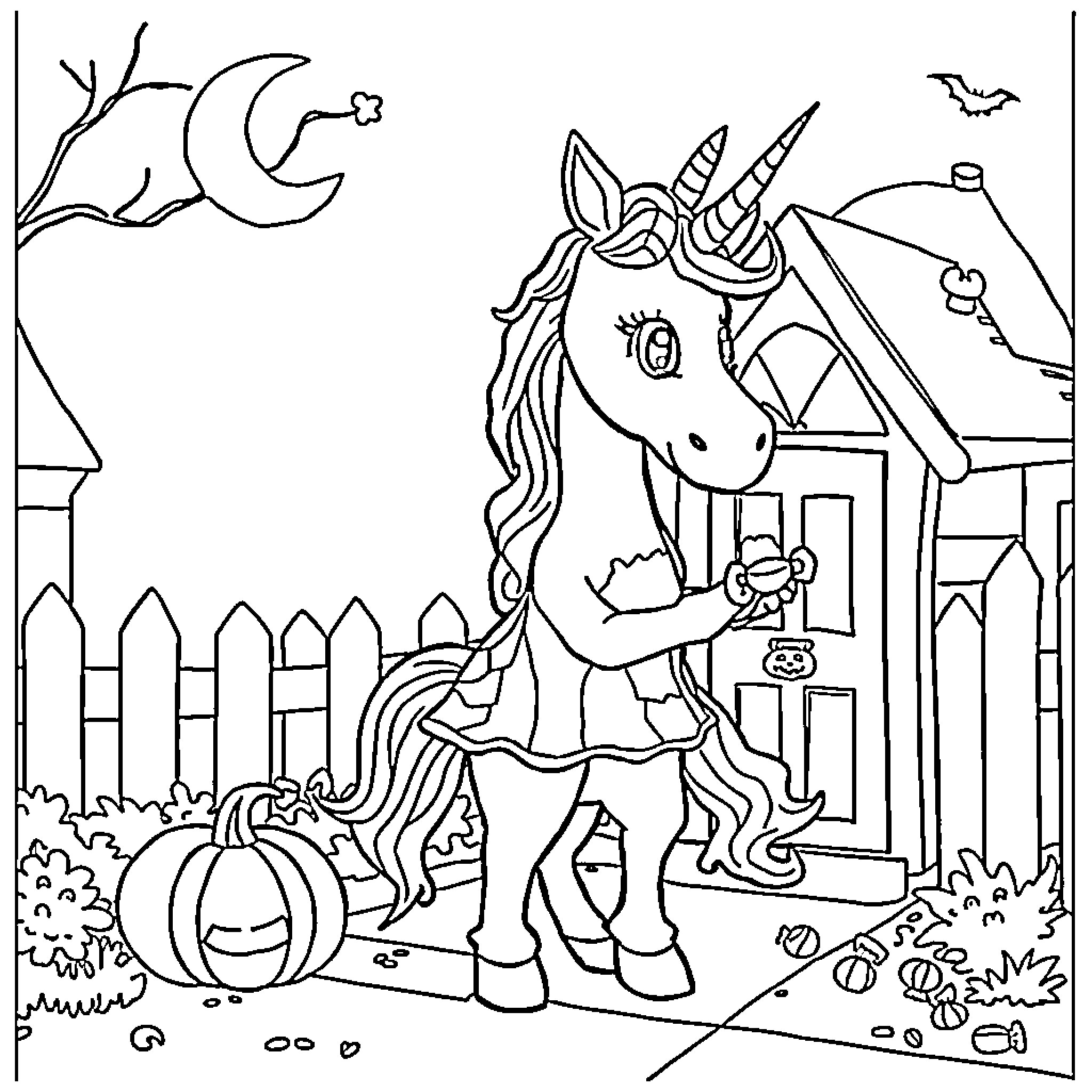 Unicorn preparing for a festive Halloween celebration Coloring Page (free black-and-white line drawing printable PDF for all, from beginners to advanced learners, including children, teens, adults, and seniors)