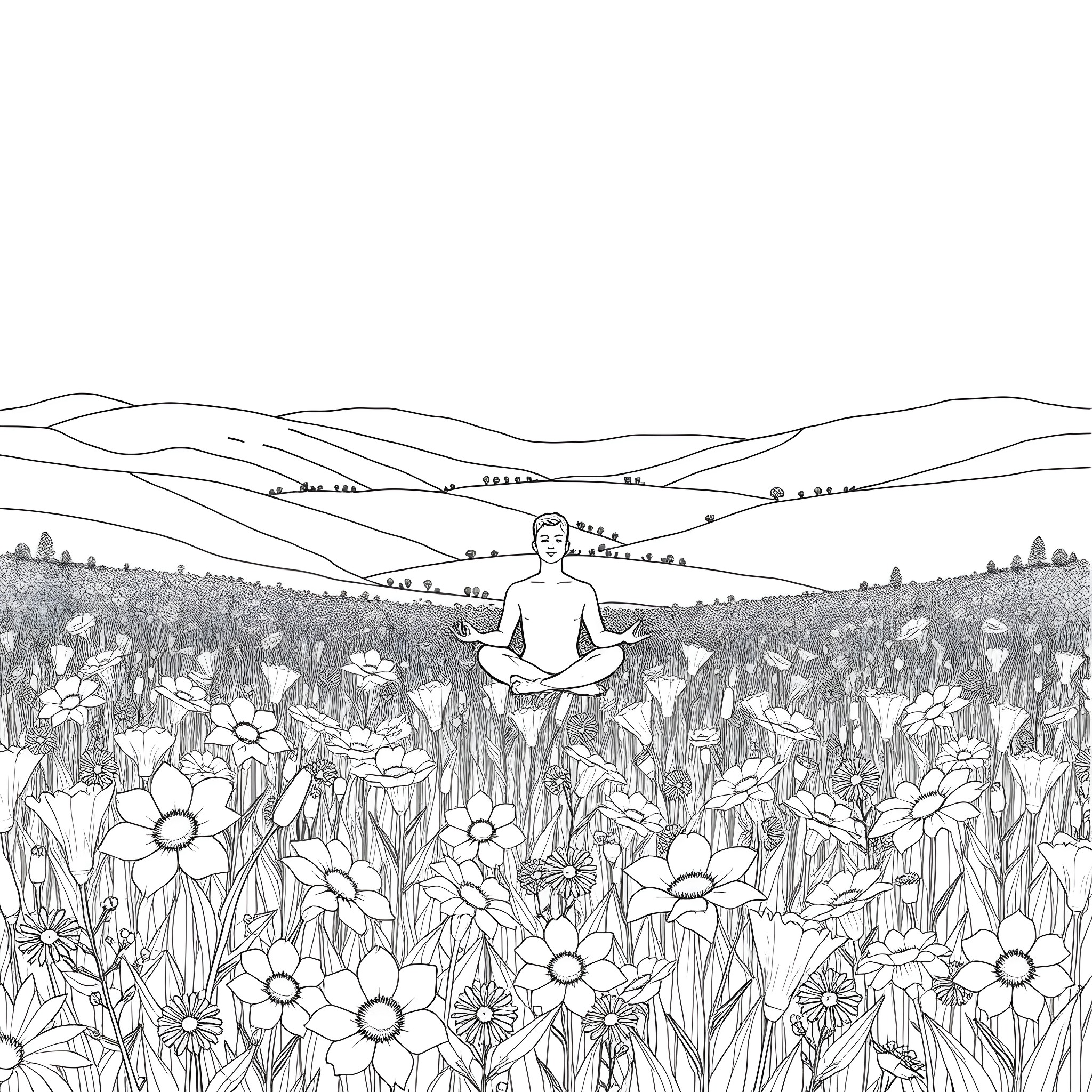 Flower field meditation in a serene landscape Coloring Page (free black-and-white line drawing printable PDF for all, from beginners to advanced learners, including children, teens, adults, and seniors)