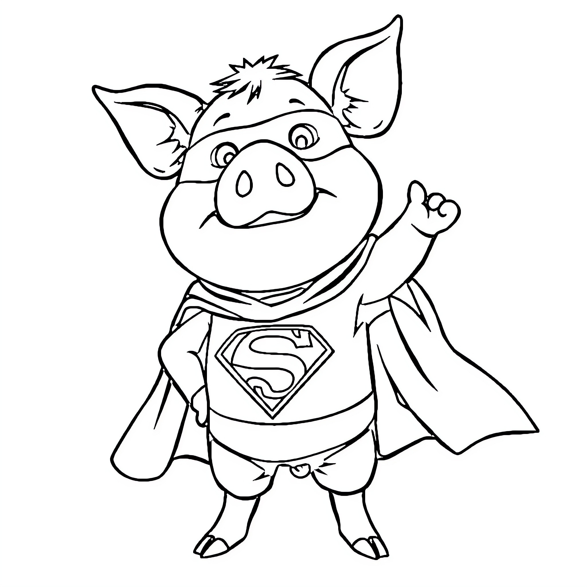 Pig Superhero in Costume Coloring Page (free black-and-white line drawing printable PDF for all, from beginners to advanced learners, including children, teens, adults, and seniors)
