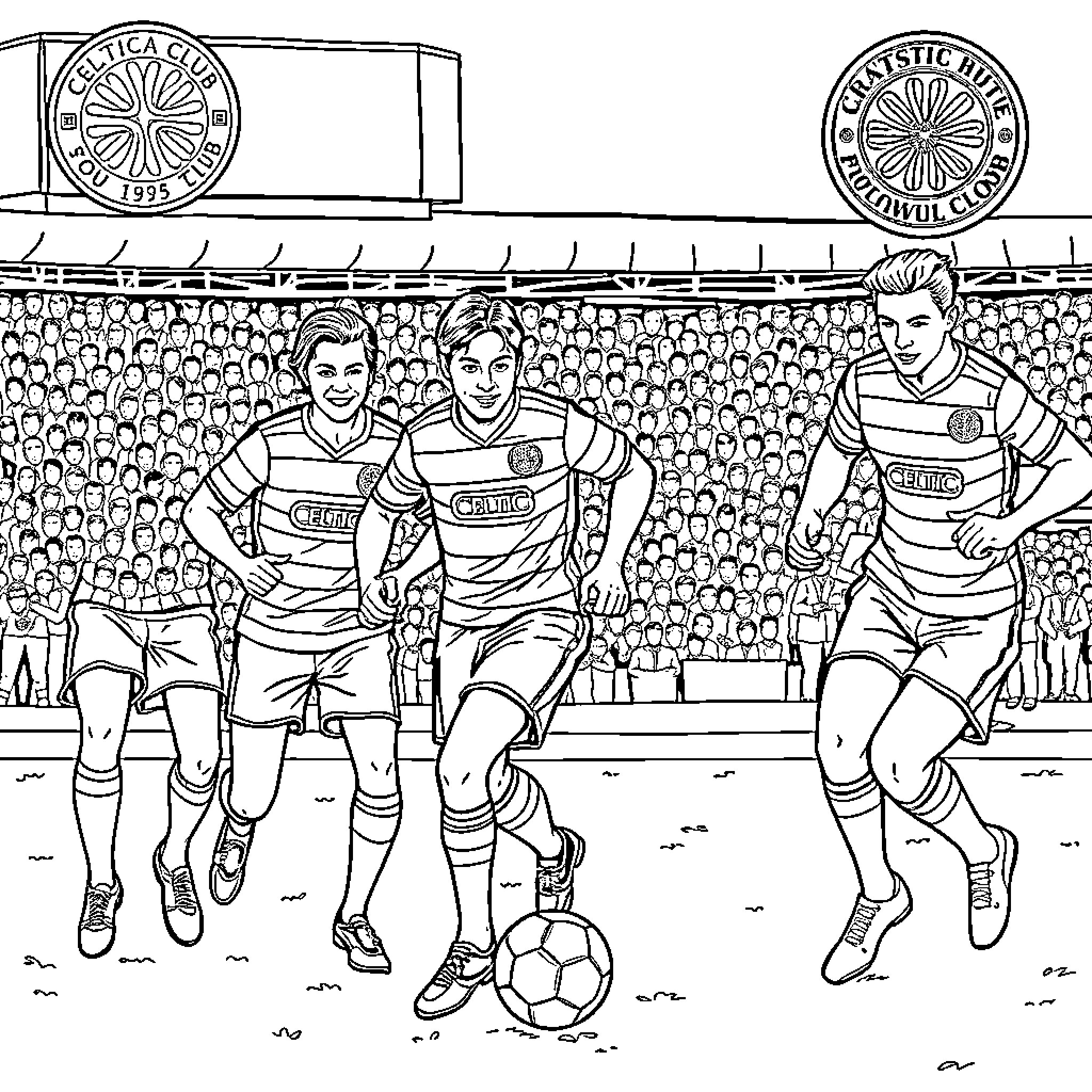 Celtic Players in Action on the Pitch Coloring Page (free black-and-white line drawing printable PDF for all, from beginners to advanced learners, including children, teens, adults, and seniors)