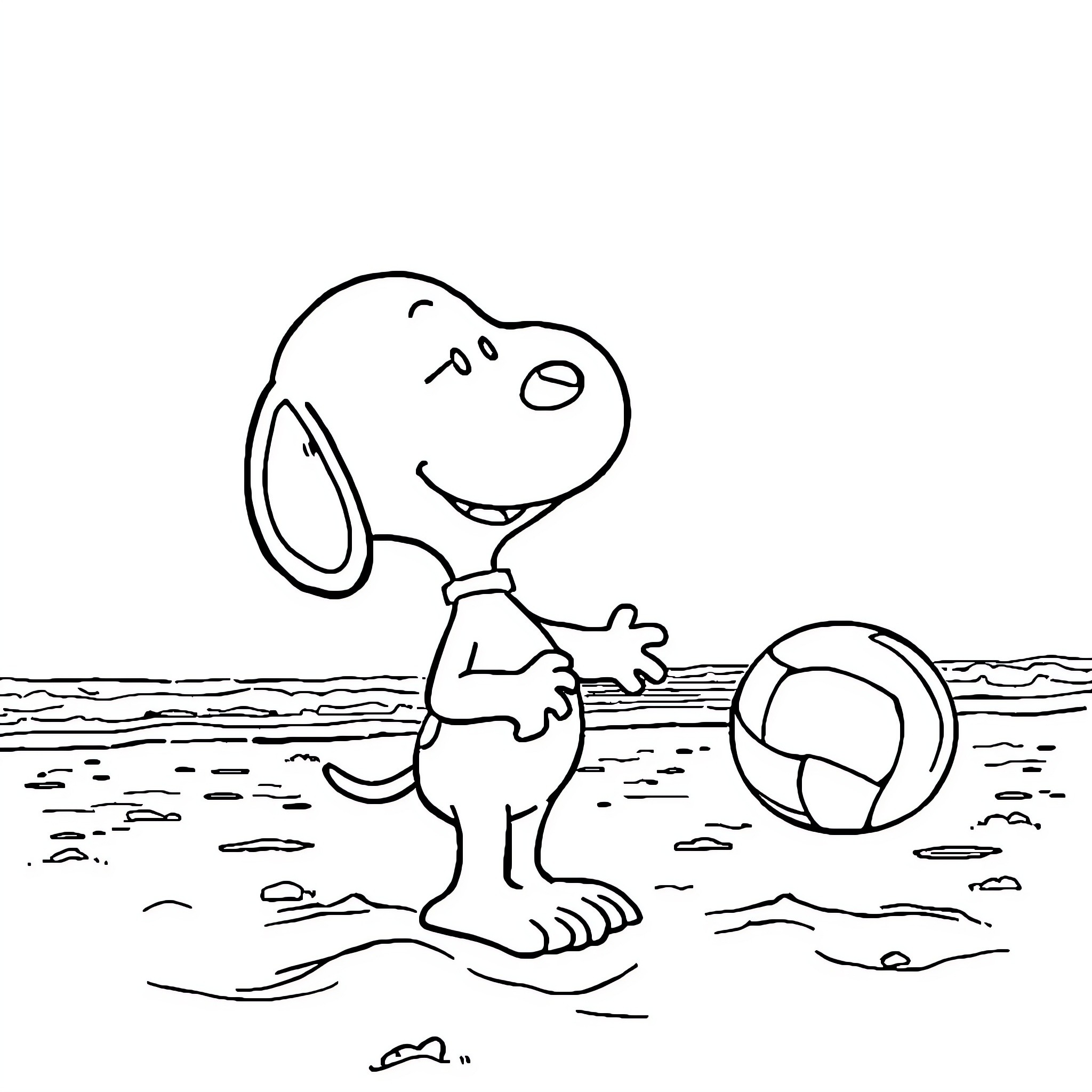 Snoopy playing happily on the beach with a ball Coloring Page (free black-and-white line drawing printable PDF for all, from beginners to advanced learners, including children, teens, adults, and seniors)