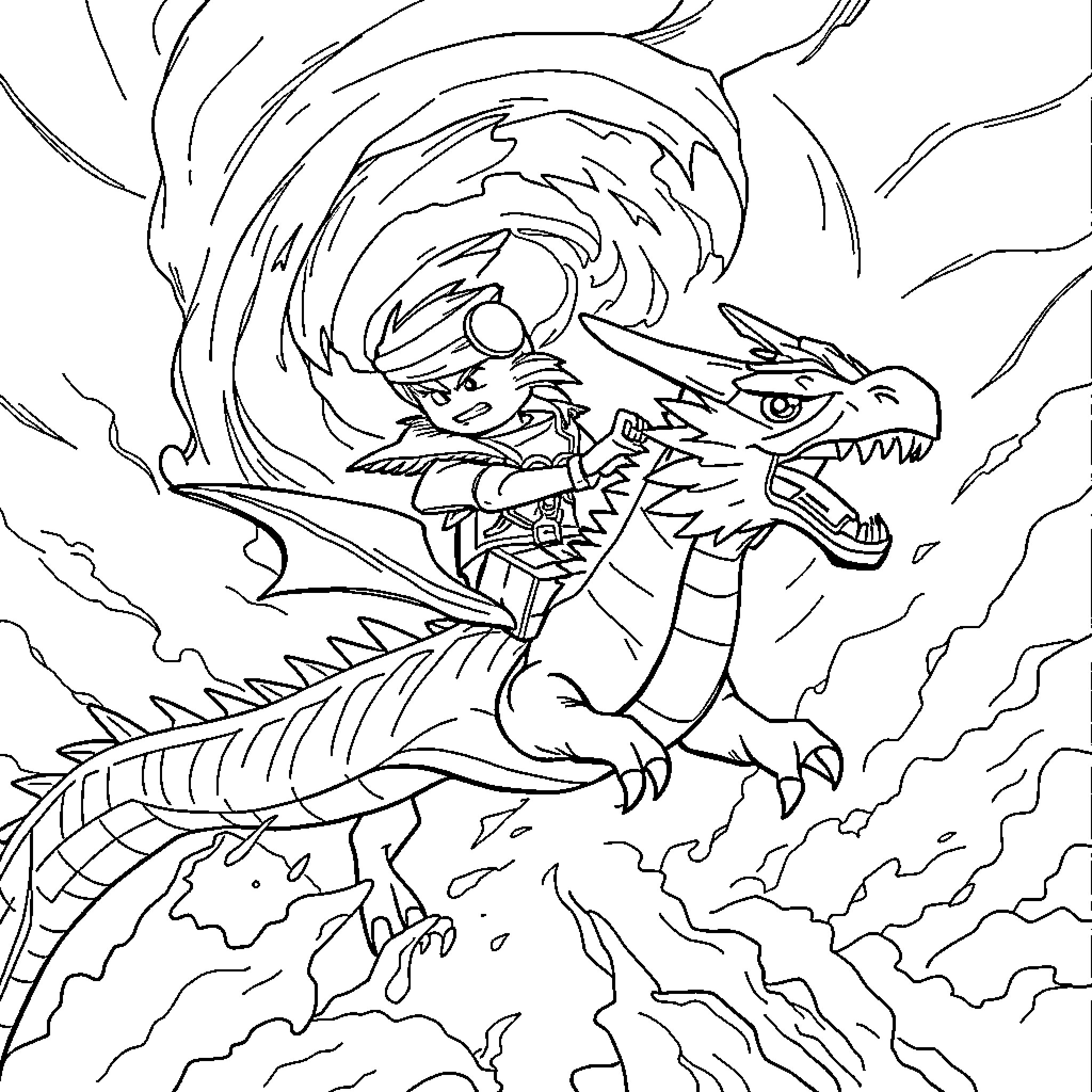Kyle riding a fierce dragon through a stormy sky Coloring Page (free black-and-white line drawing printable PDF for all, from beginners to advanced learners, including children, teens, adults, and seniors)