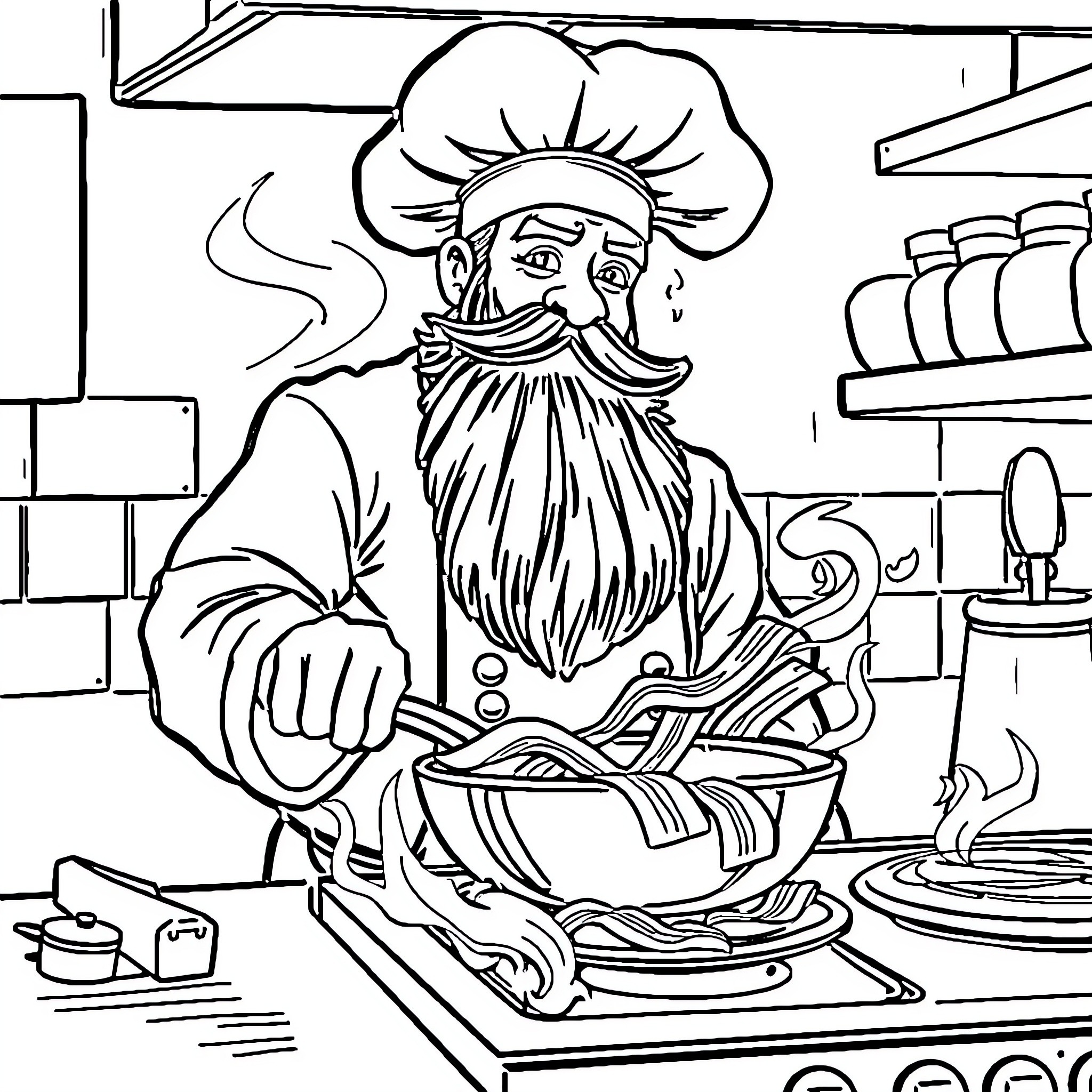 Chef cooking in a busy kitchen Coloring Page (free black-and-white line drawing printable PDF for all, from beginners to advanced learners, including children, teens, adults, and seniors)