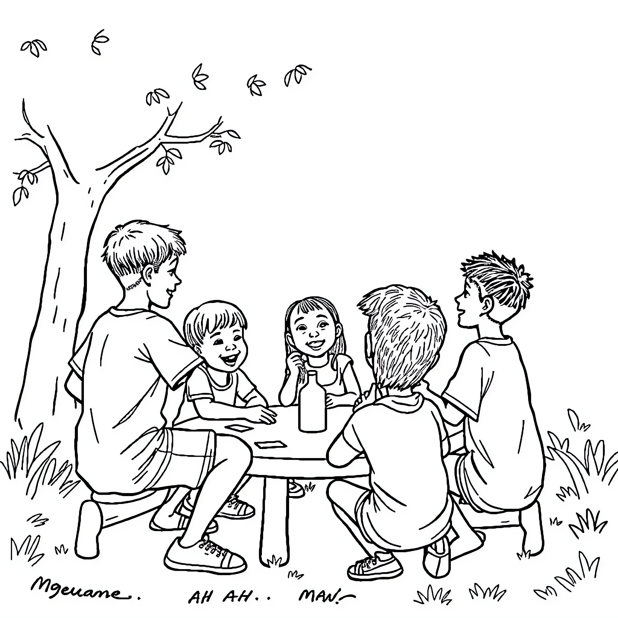 Woman and children enjoying a picnic in nature Coloring Page (free black-and-white line drawing printable PDF for all, from beginners to advanced learners, including children, teens, adults, and seniors)