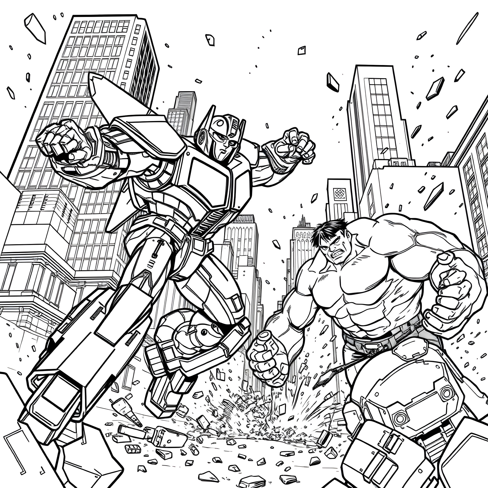 Bumblebee and Hulk battle in the city Coloring Page (free black-and-white line drawing printable PDF for all, from beginners to advanced learners, including children, teens, adults, and seniors)