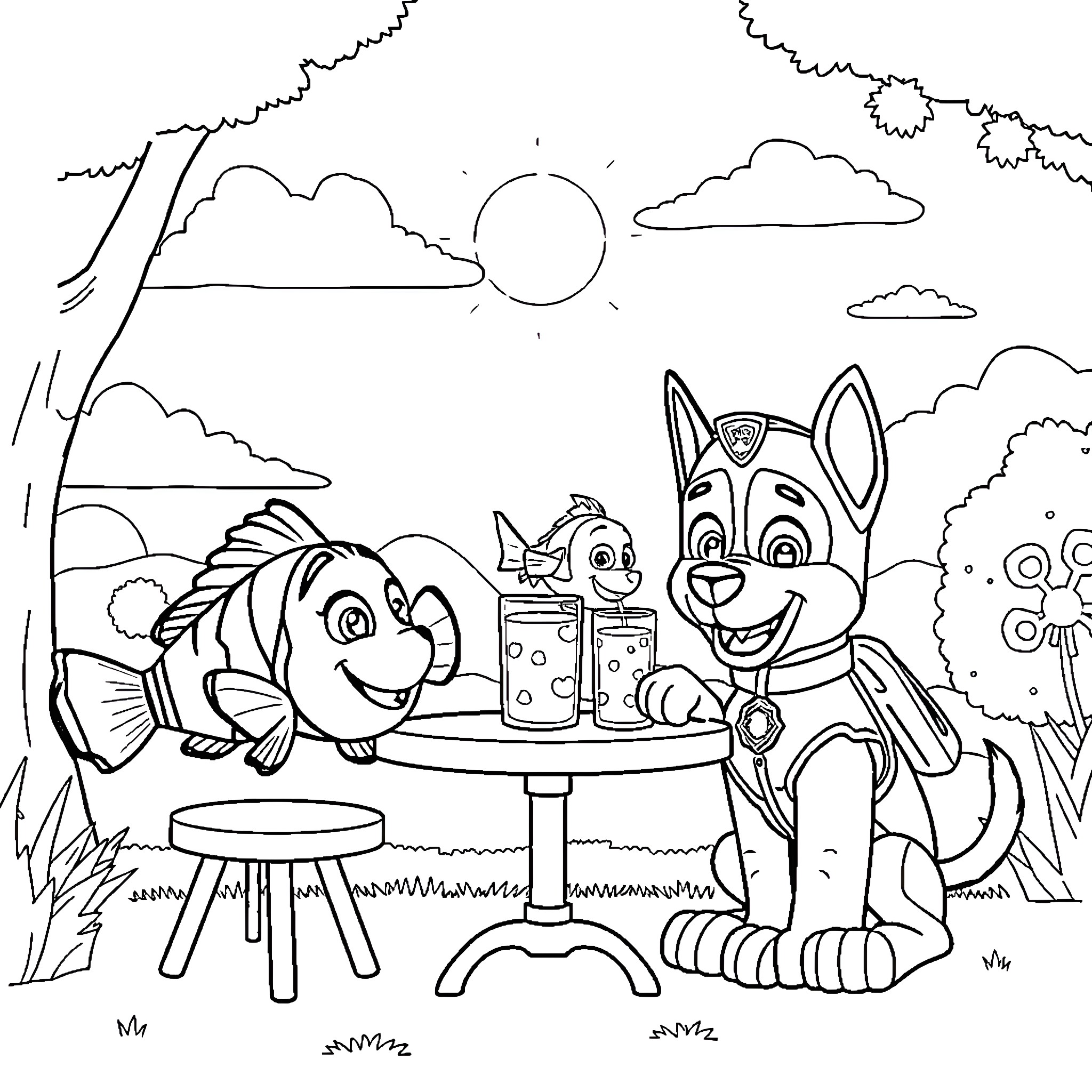 Nemo and friends enjoying snacks in the park Coloring Page (free black-and-white line drawing printable PDF for all, from beginners to advanced learners, including children, teens, adults, and seniors)