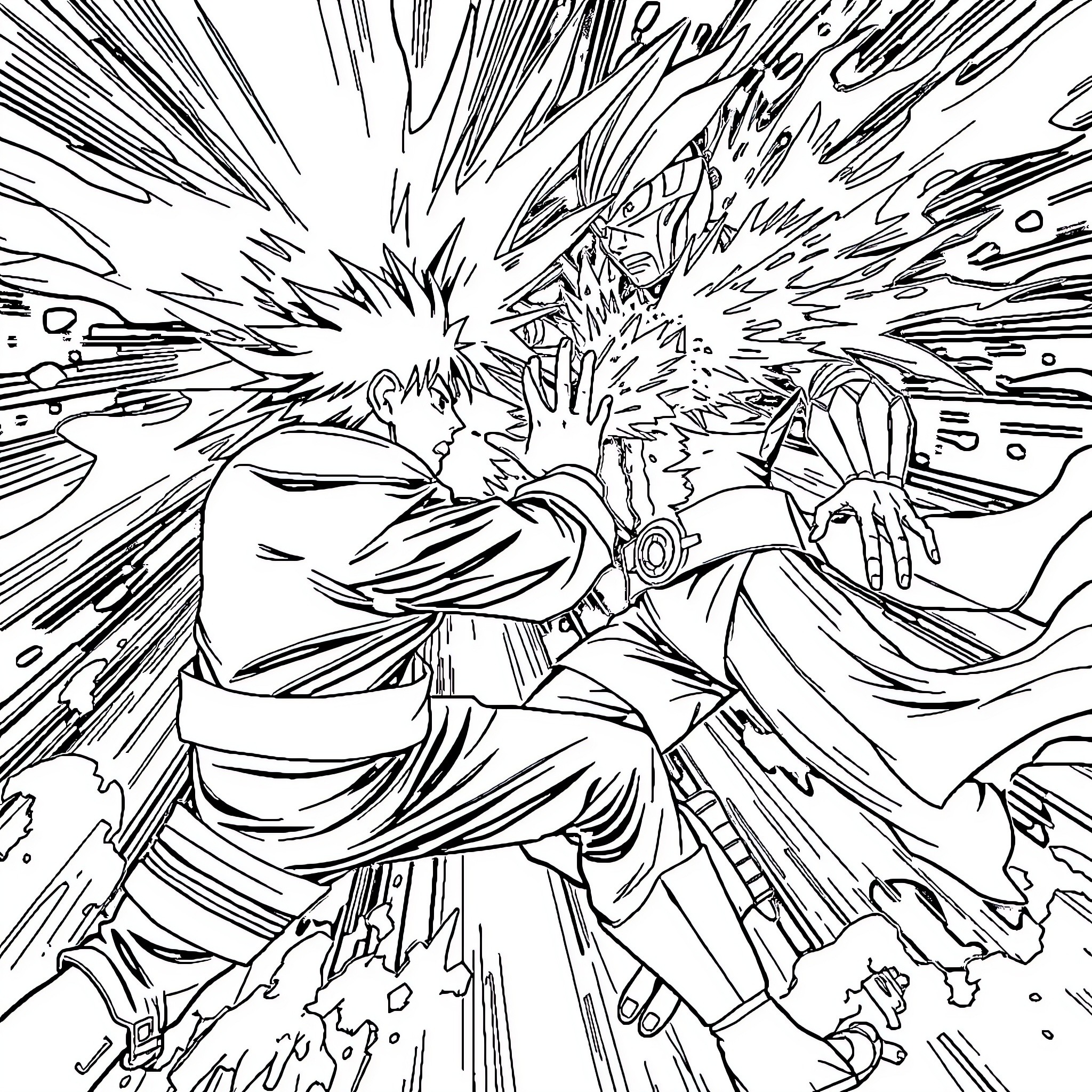 Naruto characters engaged in a dynamic battle Coloring Page (free black-and-white line drawing printable PDF for all, from beginners to advanced learners, including children, teens, adults, and seniors)