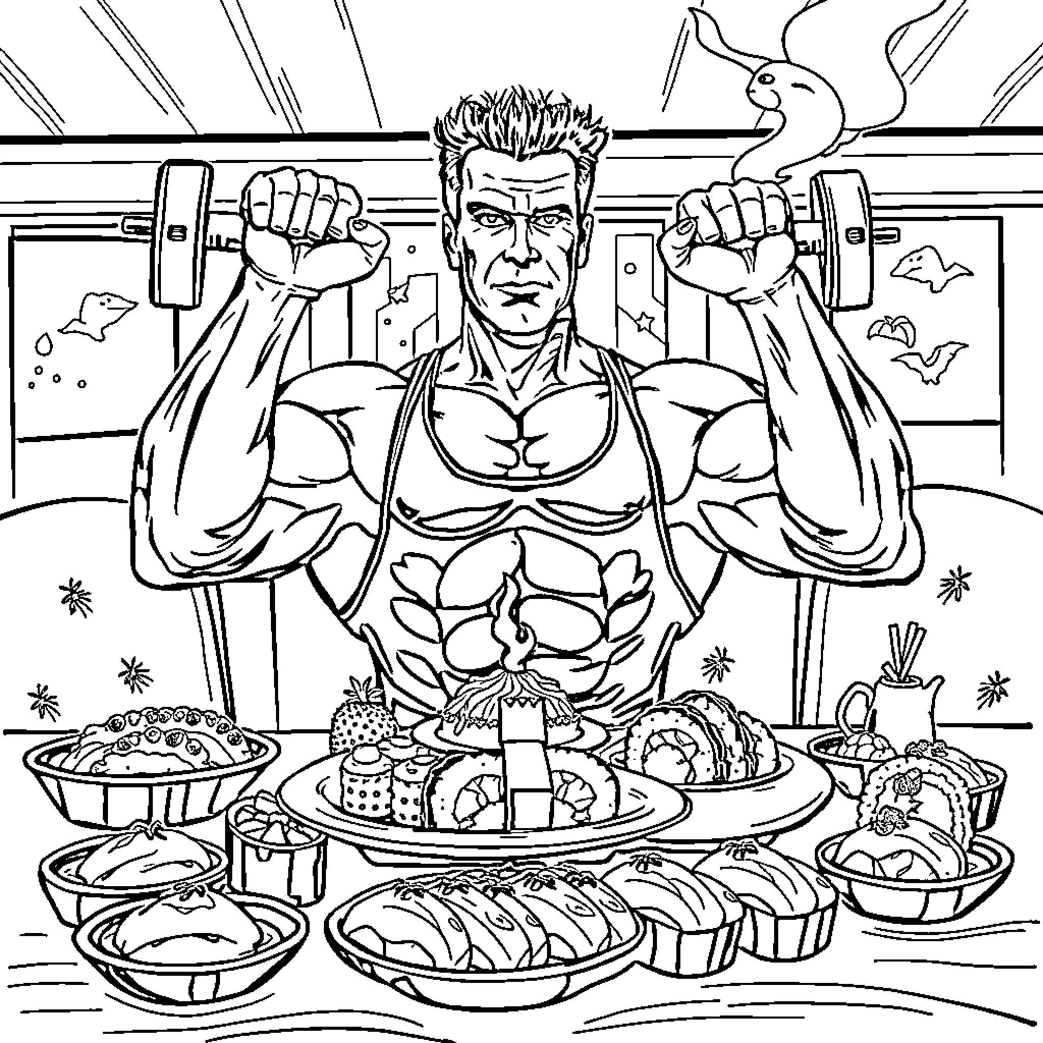 Arnold Schwarzenegger flexing muscles while surrounded by food Coloring Page (free black-and-white line drawing printable PDF for all, from beginners to advanced learners, including children, teens, adults, and seniors)