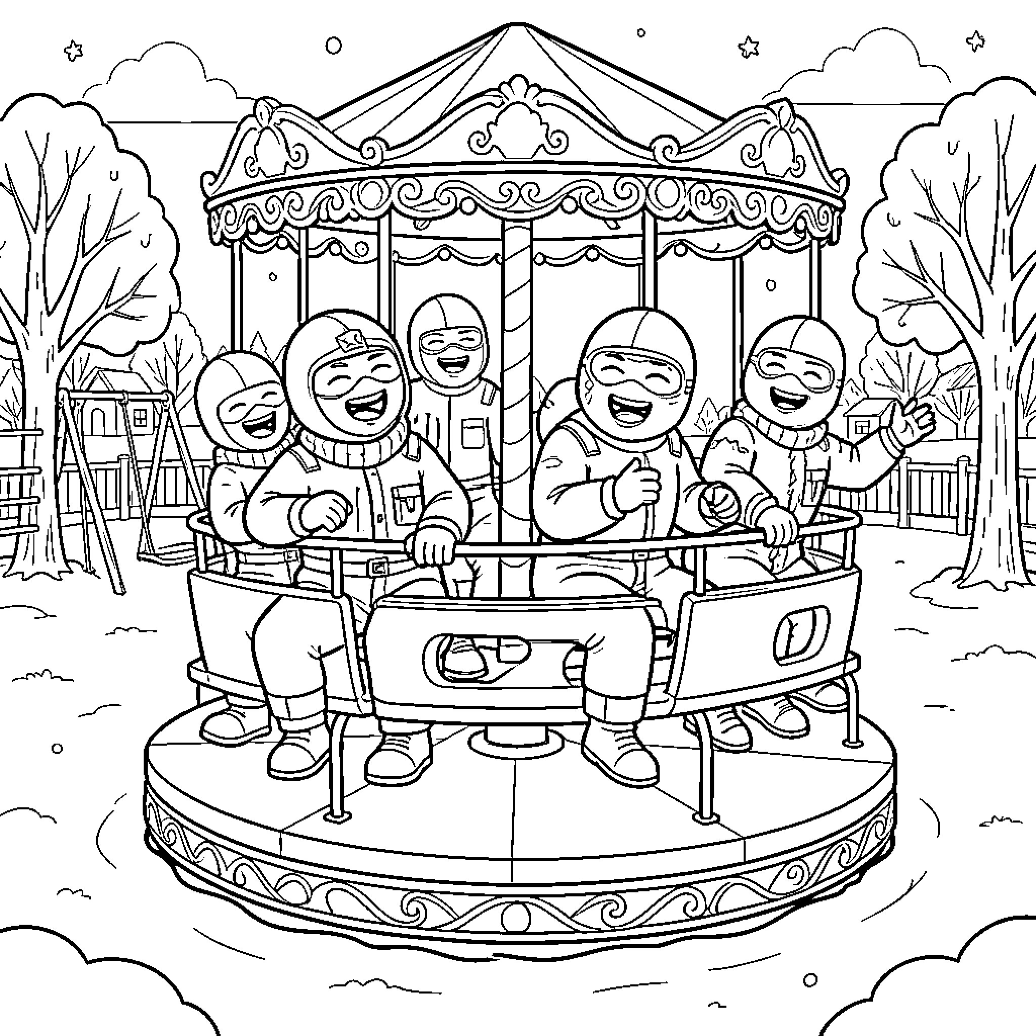 Masked Agent characters laughing on a carousel ride Coloring Page (free black-and-white line drawing printable PDF for all, from beginners to advanced learners, including children, teens, adults, and seniors)