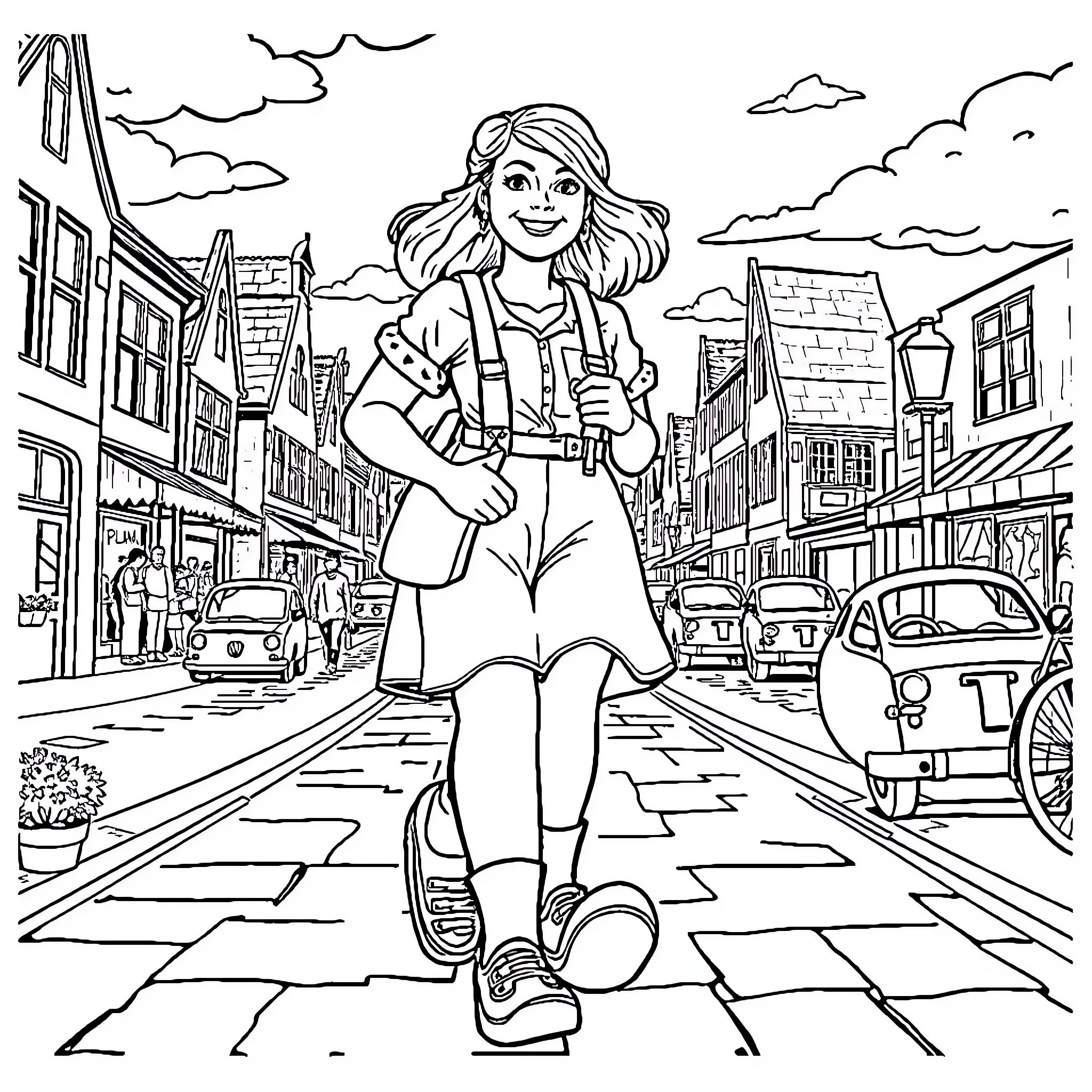 Woman walking confidently through a bustling city street Coloring Page (free black-and-white line drawing printable PDF for all, from beginners to advanced learners, including children, teens, adults, and seniors)