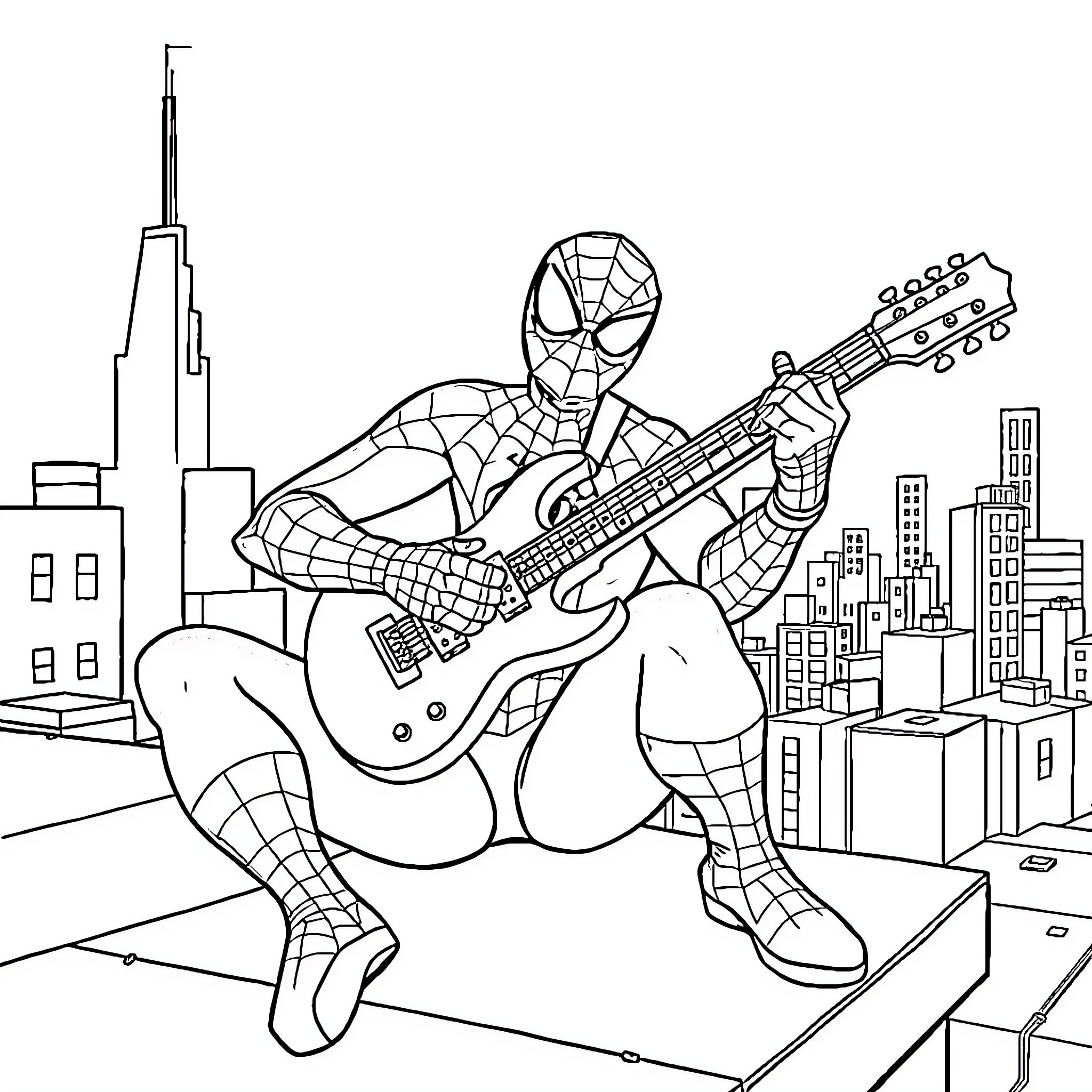 Spiderman playing guitar in the city Coloring Page (free black-and-white line drawing printable PDF for all, from beginners to advanced learners, including children, teens, adults, and seniors)