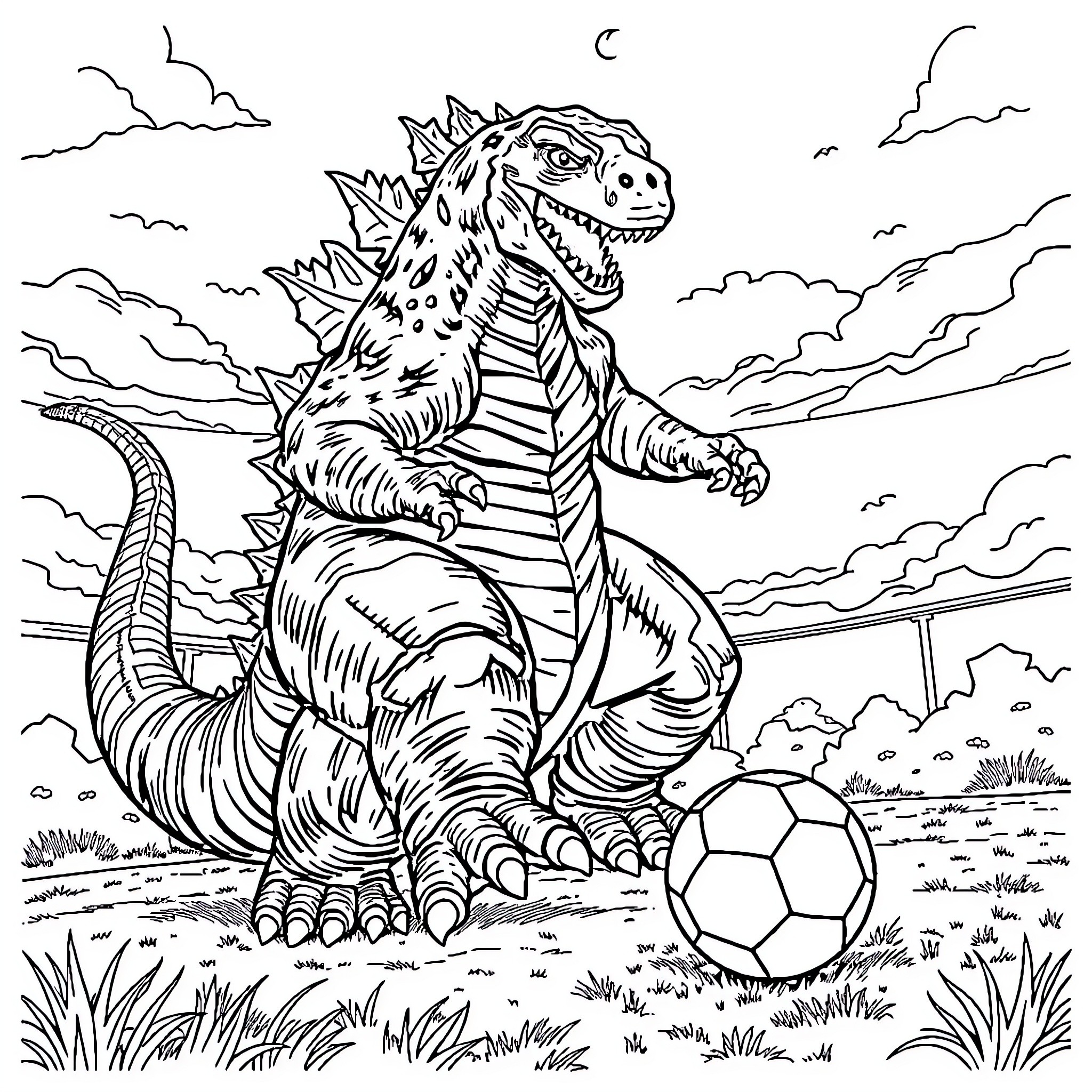 Godzilla playing with soccer ball in the night Coloring Page (free black-and-white line drawing printable PDF for all, from beginners to advanced learners, including children, teens, adults, and seniors)